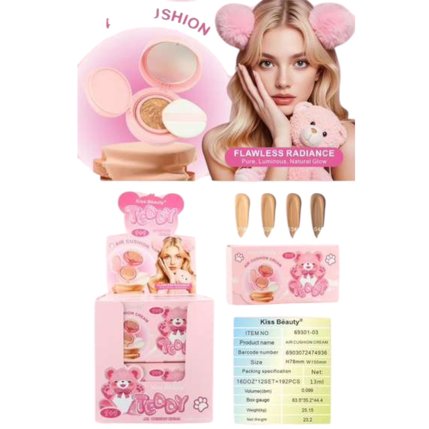 12PCS DISPLAY KISS BEAUTY TEDDY AIR CUSHION BB CREAM 69301-03
