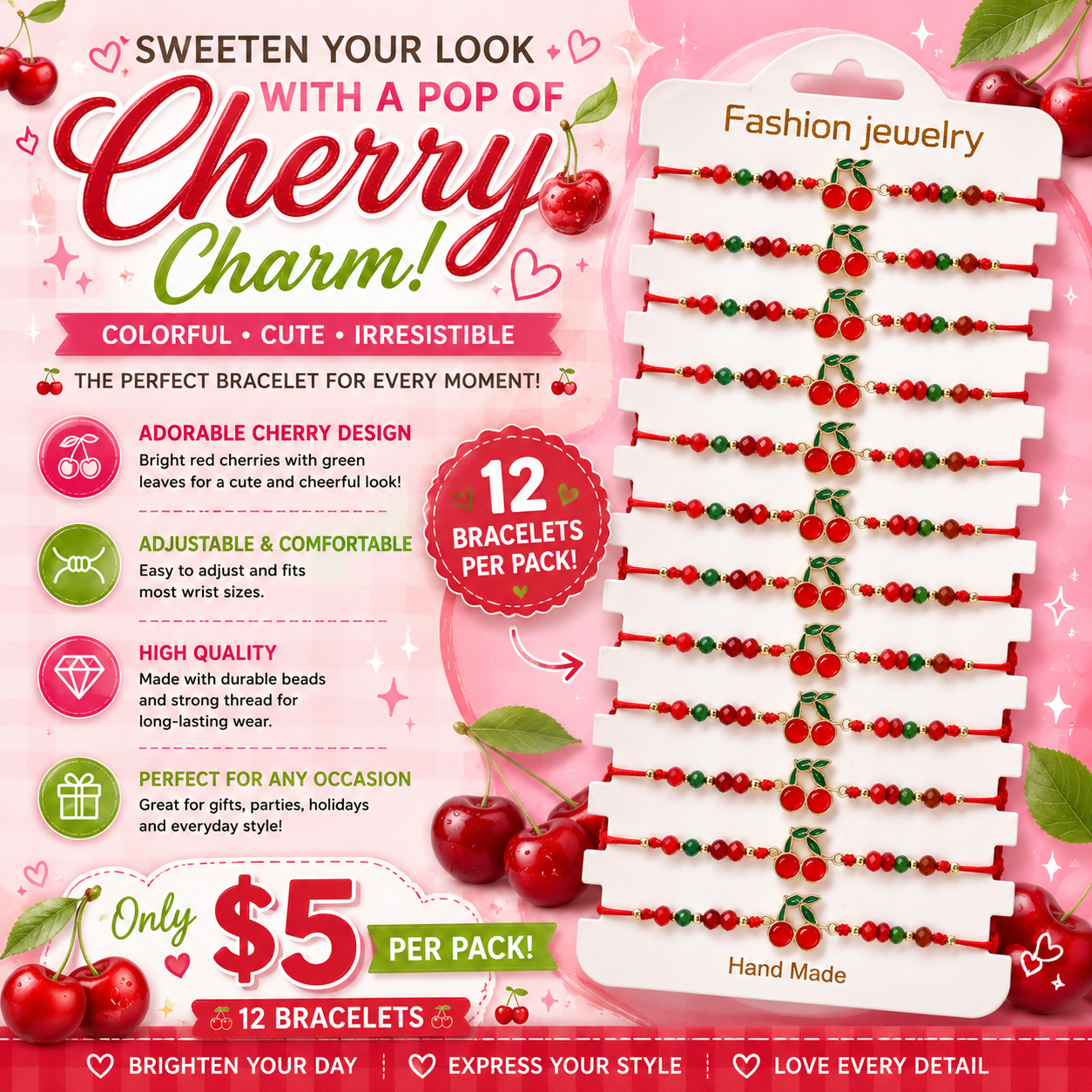 12PCS PACK CHEERY WITH BEADS STRING BRACELET 4412
