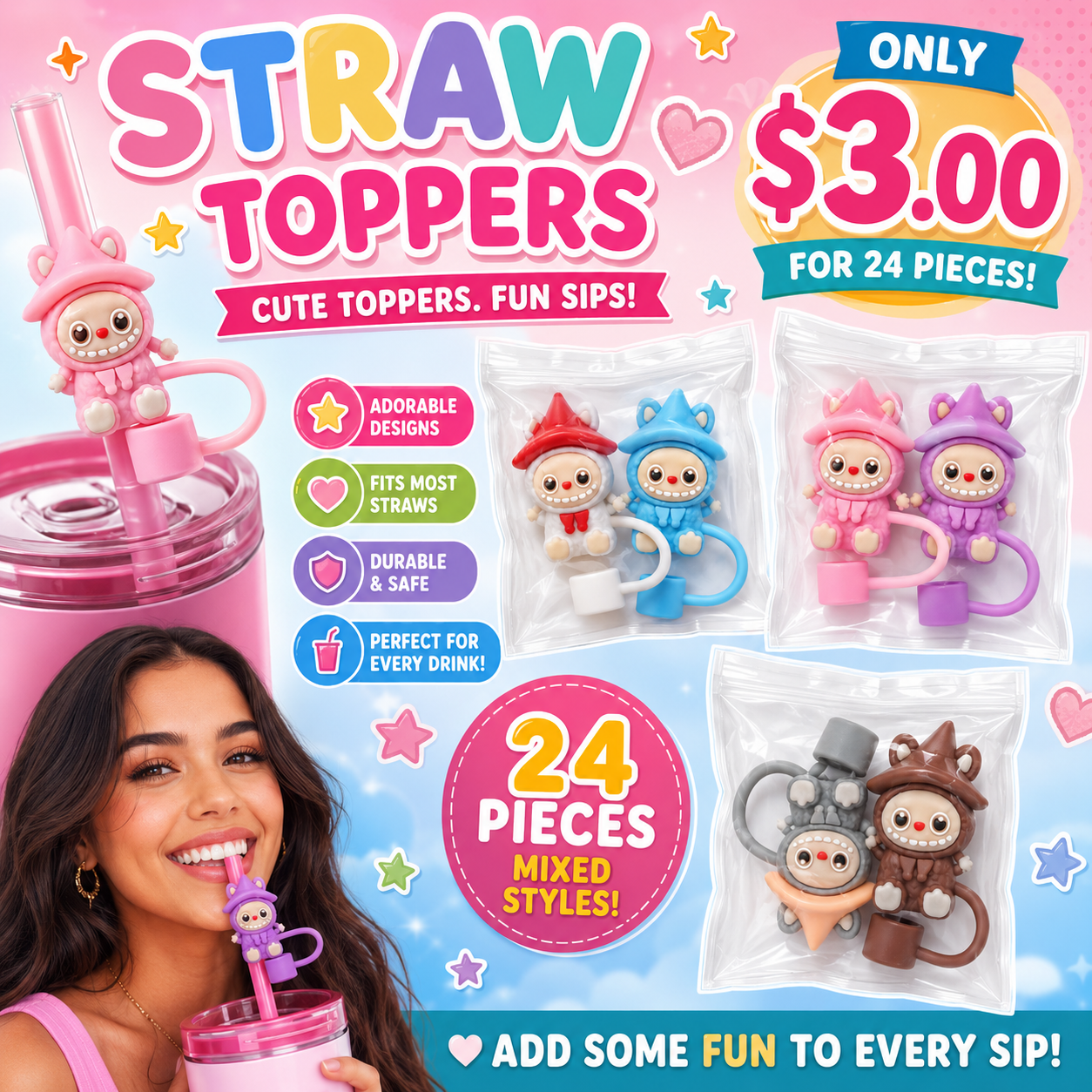 24PCS PACK STRAW TOPPERS MIS COLORS MONSTERS BUBU