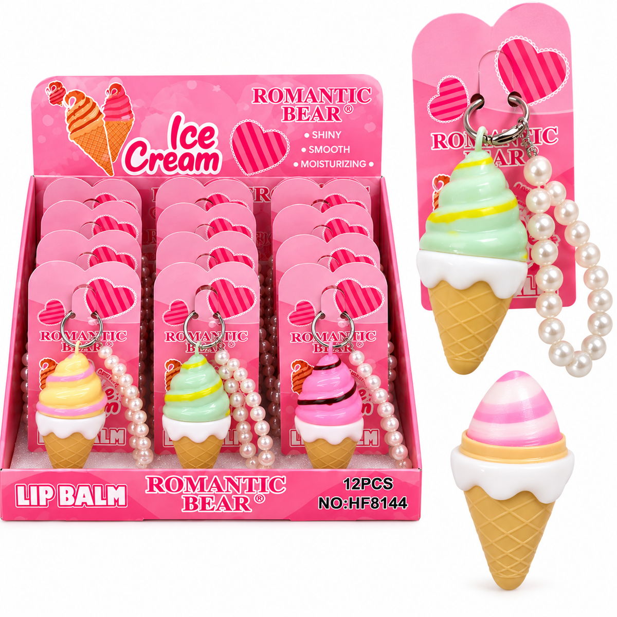 Bálsamo labial Romantic Bear con diseño de oso y llavero de perla