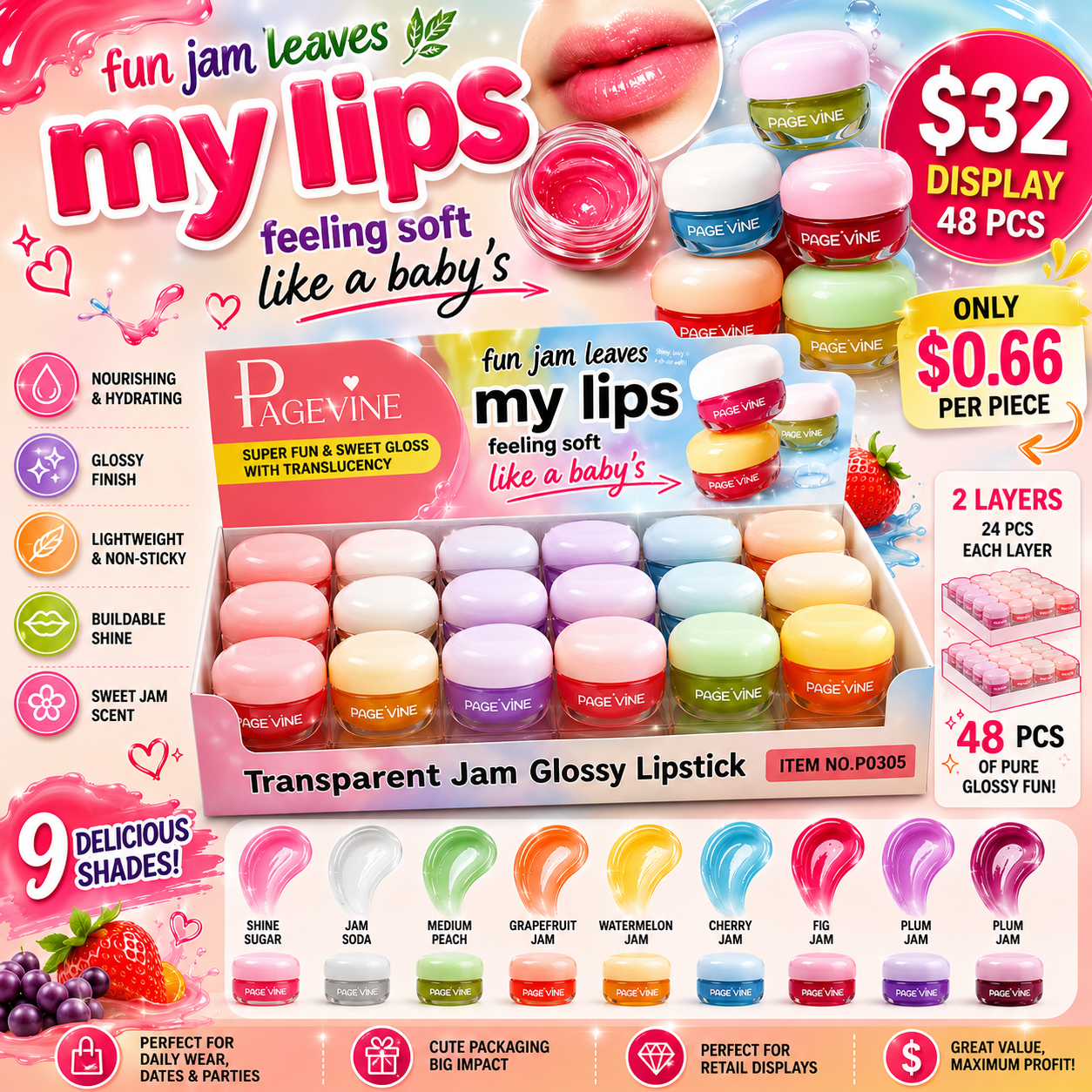 48PCS PAGEVINE TRANSPARENT JAM GLOSSY LIPSTICK P0305