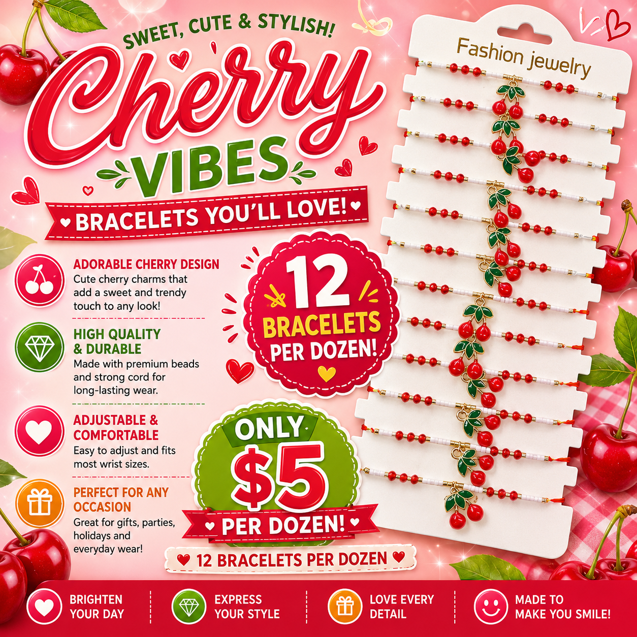 12PCS PACK DANGLE CHERRY CHARM STRING BRACELET 0972