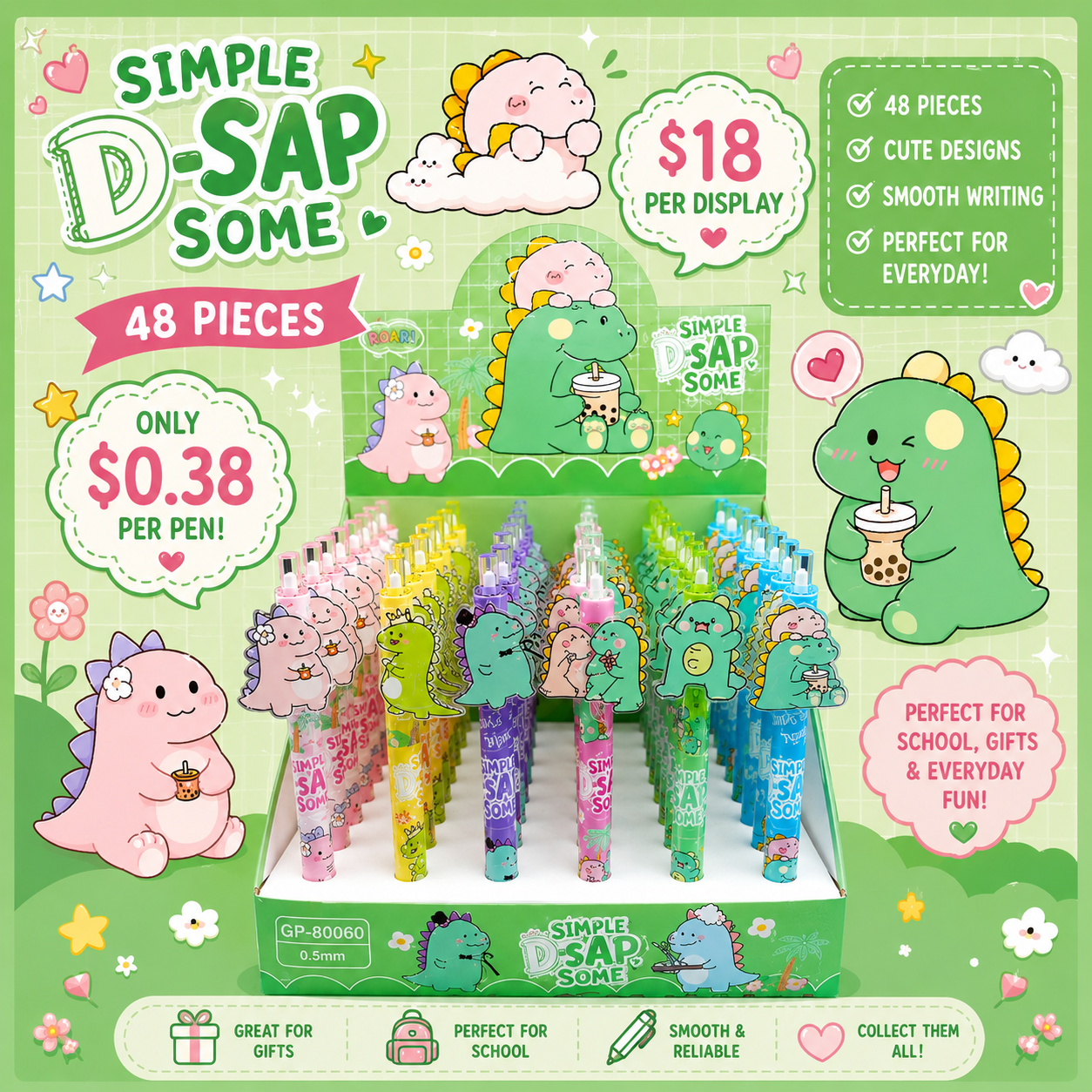 48PCS DISPLAY CUTE DINOSAUR PENS GP-80060