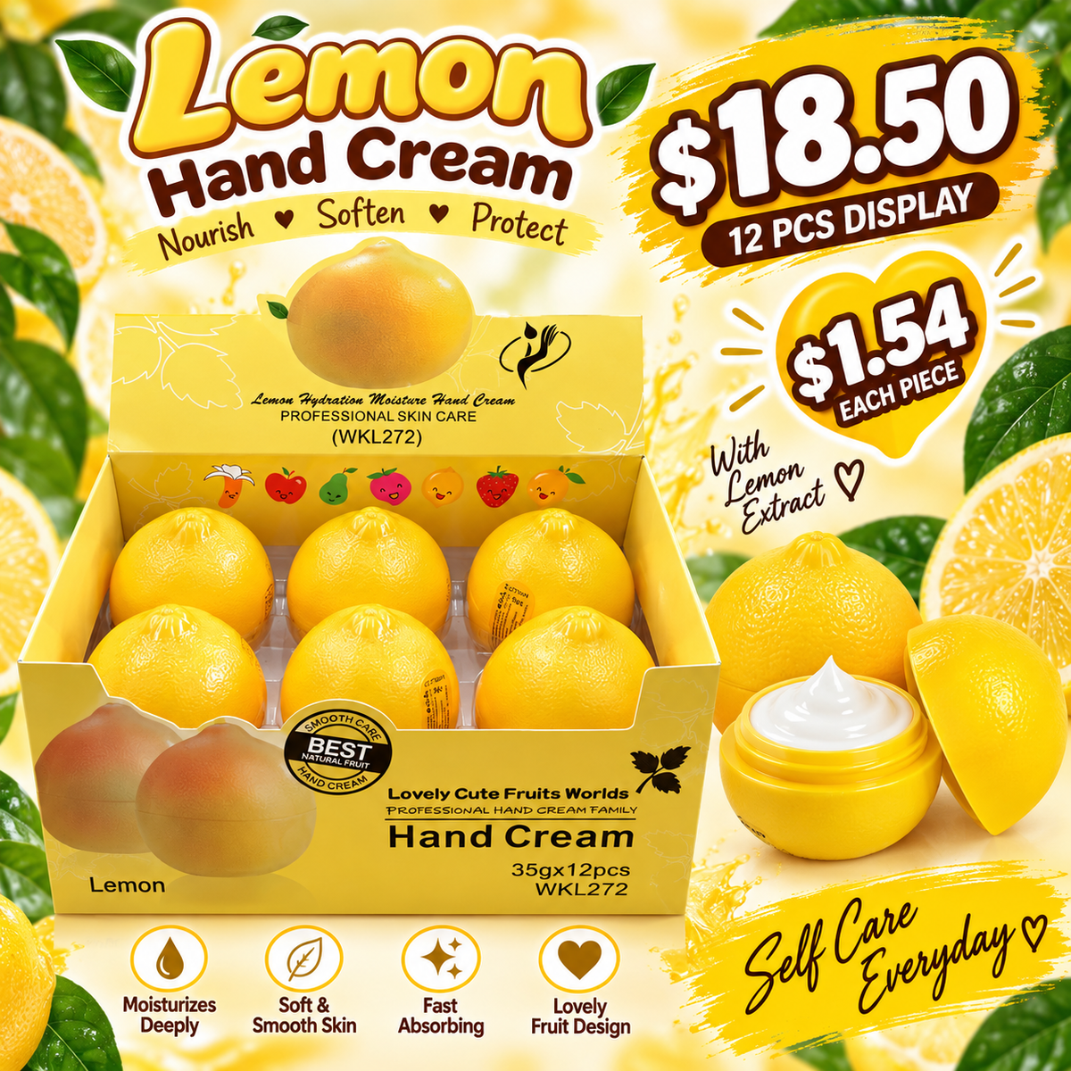 12PCS DISPLAY LEMON FRUIT FIGURE HAND CREAM WKL272