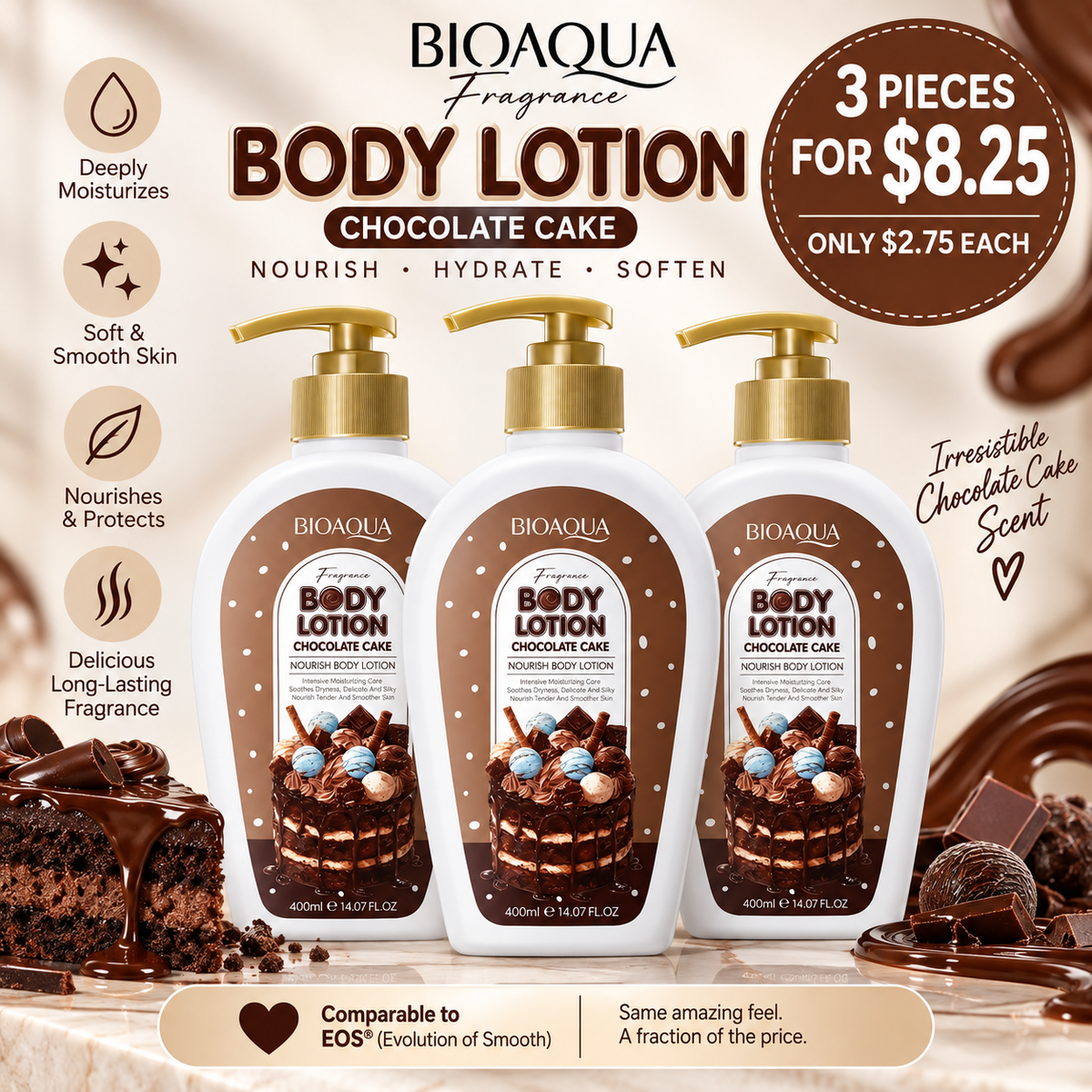 3PCS BIOAQUA CHOCOLATE CAKE BODY LOTION
