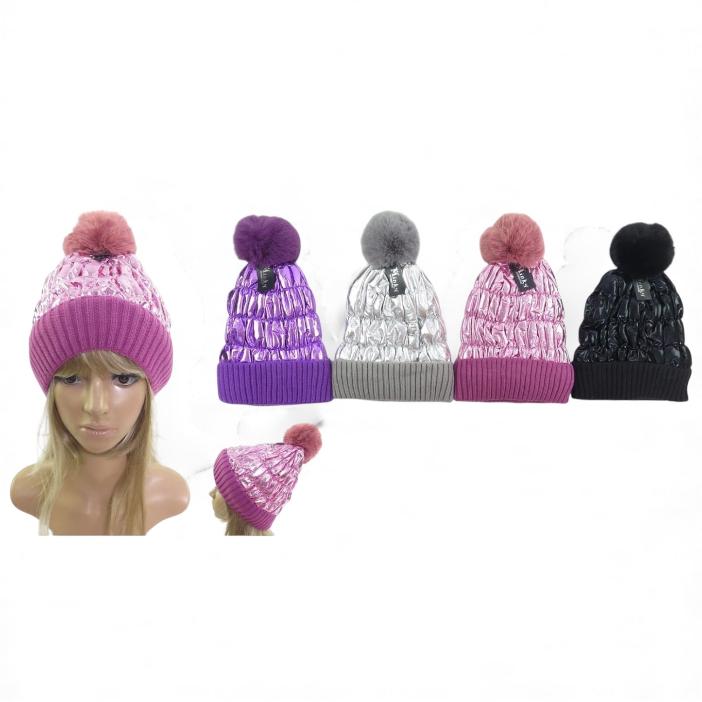 12PCS PACK METALIC DOUBLE LAYER BEANIE WITH POM POM 2HT1063