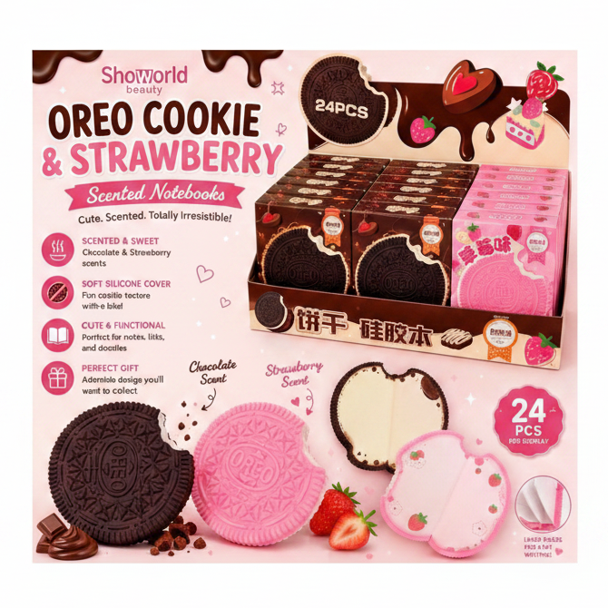 24PC OREO COOKIE SCENTED NOTEBOOK - CHOCOLATE & STRAWBERRY SCENT