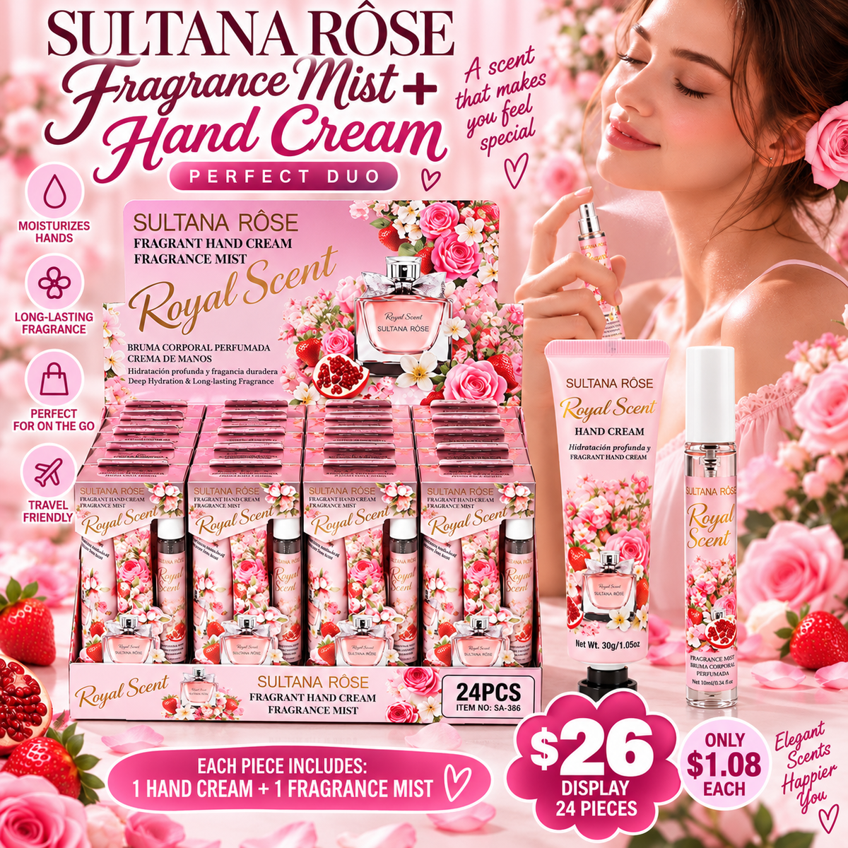 12PCS DISPLAY STRAWBERRY PINK FLORAL FRAGRANCE & HAND CREAM DUO SET SA-386