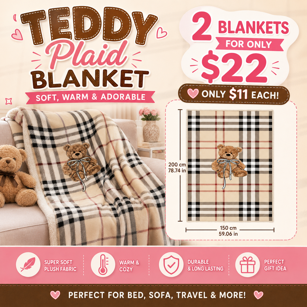 2PCS BLANKET STRIPES & WHITE +BEAR