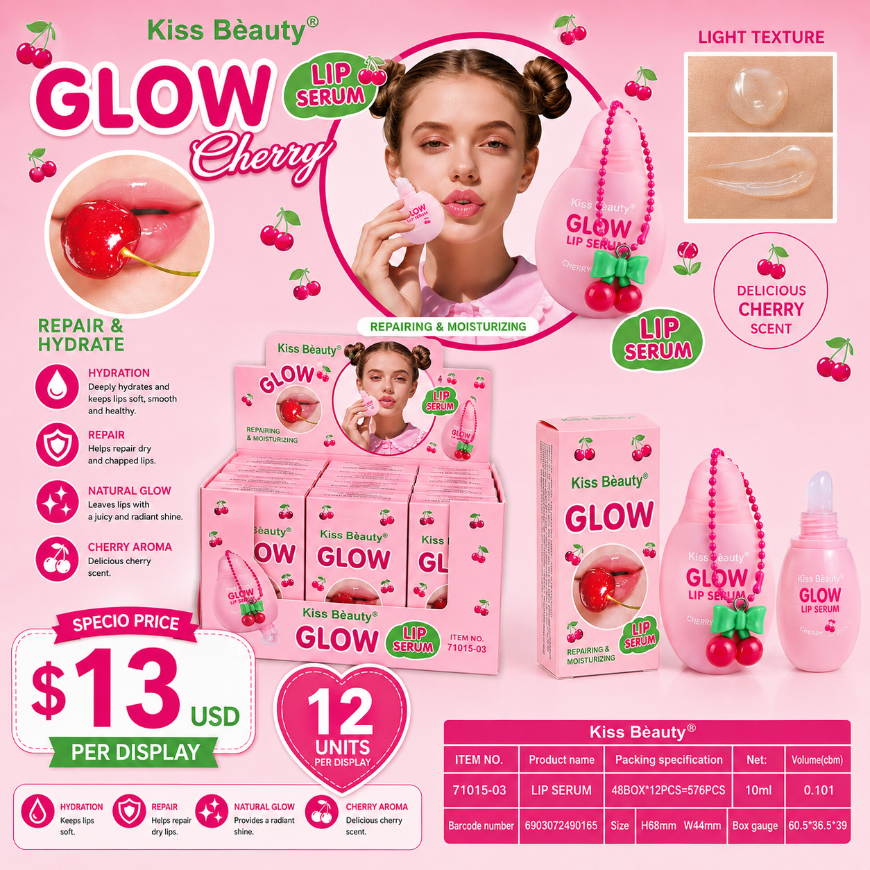 12PCS DISPLAY KISS BEAUTY GLOW CHERRY LIP SERUM 71015-03