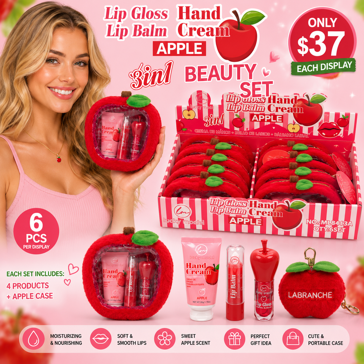6PCS DISPLAY LUCKY MODEL APPLE LIP CARE & HAND LOTION SET + FUZZY PURSE 8413A
