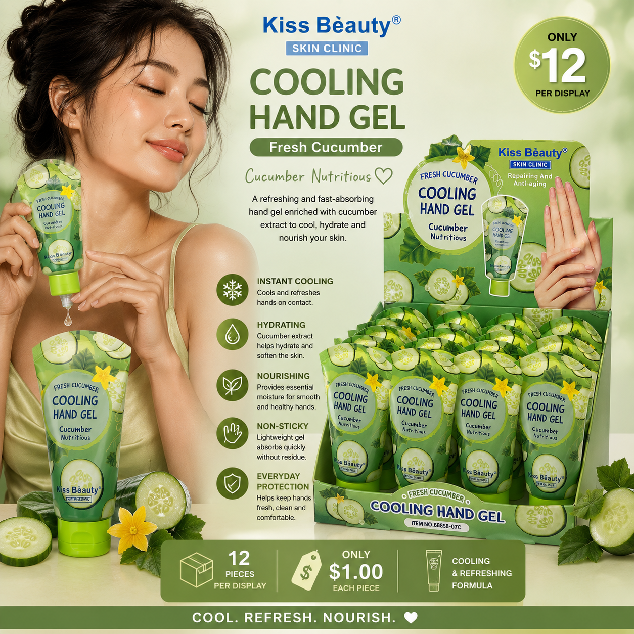 12PCS DISPLAY KISS BEAUTY COOLING HAND GEL CUCUMBER NUTRITIOUS 68858-07C