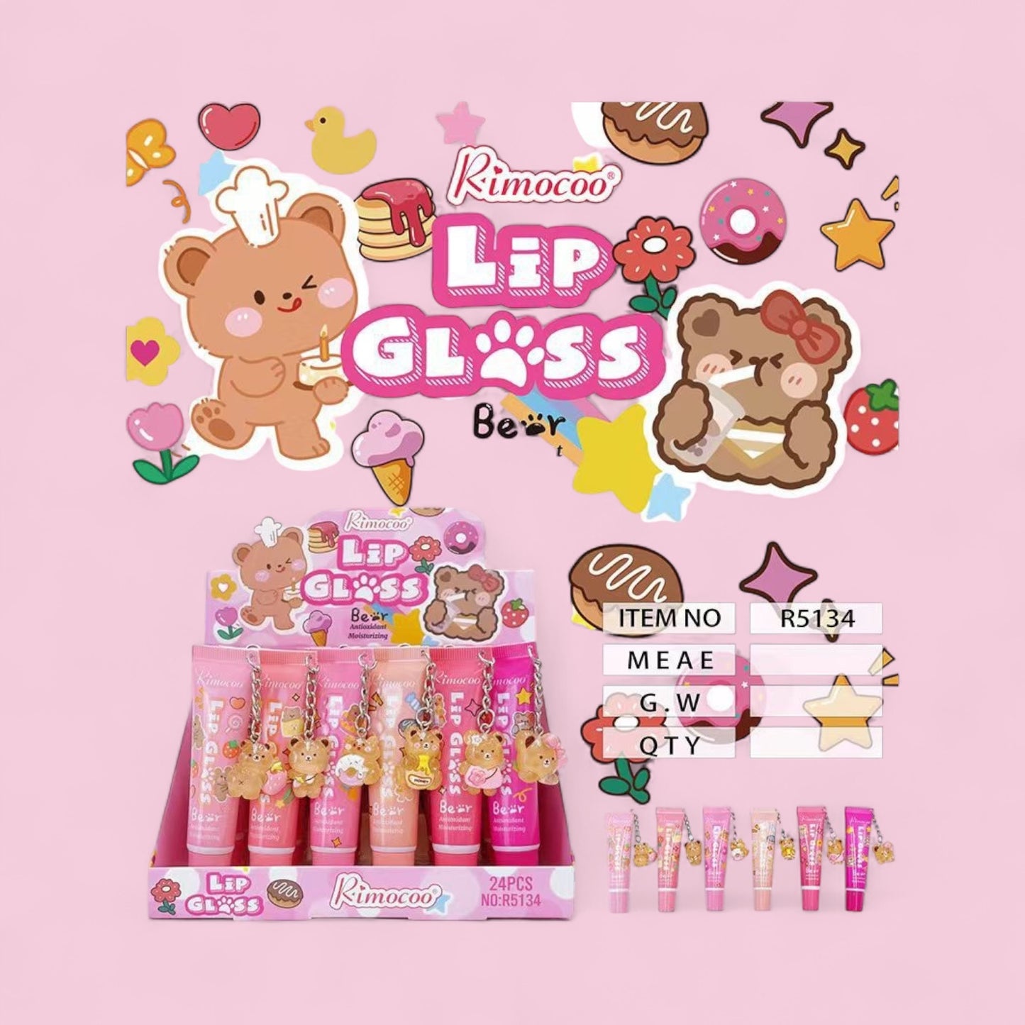 24PCS DISPLAY RIMOCOO DANGLE BEAR LIP GLOSS R5134