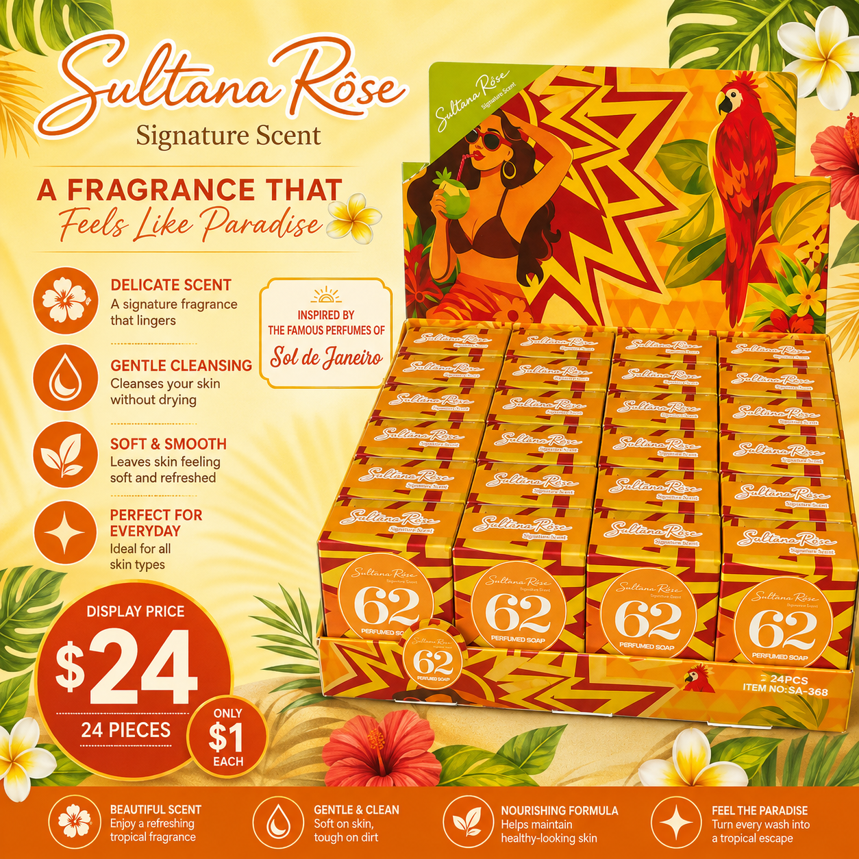 24PCS DISPLAY SULTANA RÔSE BAR SOAP FRAGRANCE SOL DE JANEIRO 62 SA-368