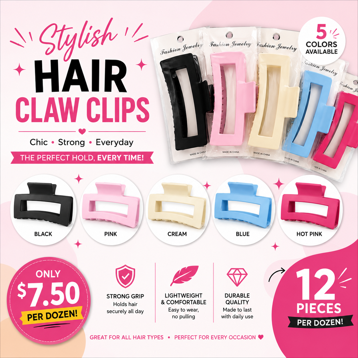 12PACK HAIR CLAW CLIPS 5 COLORS H2560