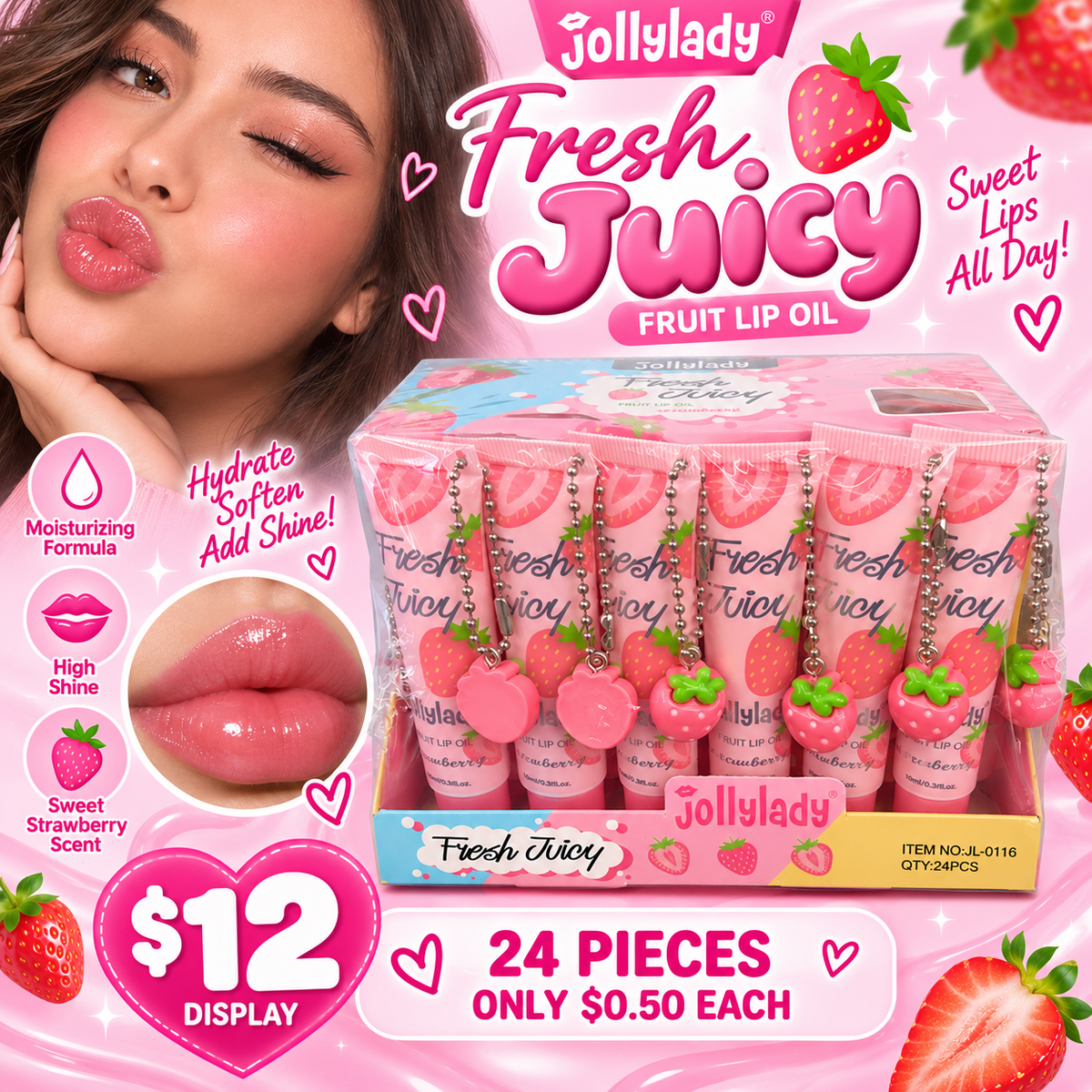 24PCS DISPLAY JOLLYLADY FRESH JUICY LIP OIL WITH DANGLE STRAWBERRY CHARM JL-0116
