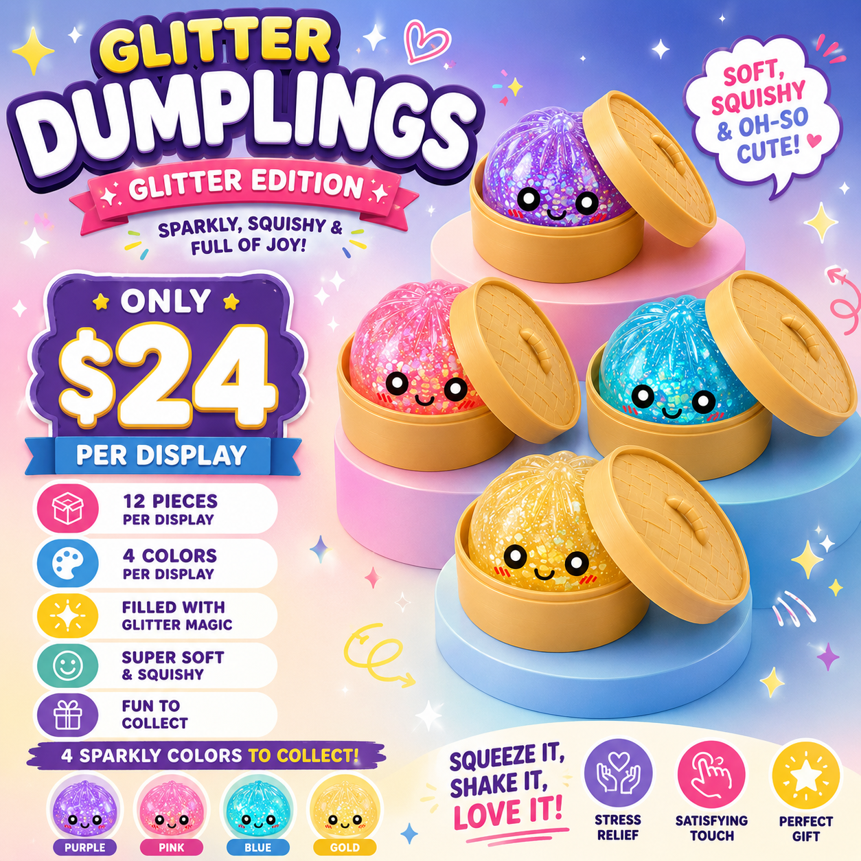 12PCS DISPLAY MYSTERY CLEAR JELLY WITH GLITTER DUMPLING