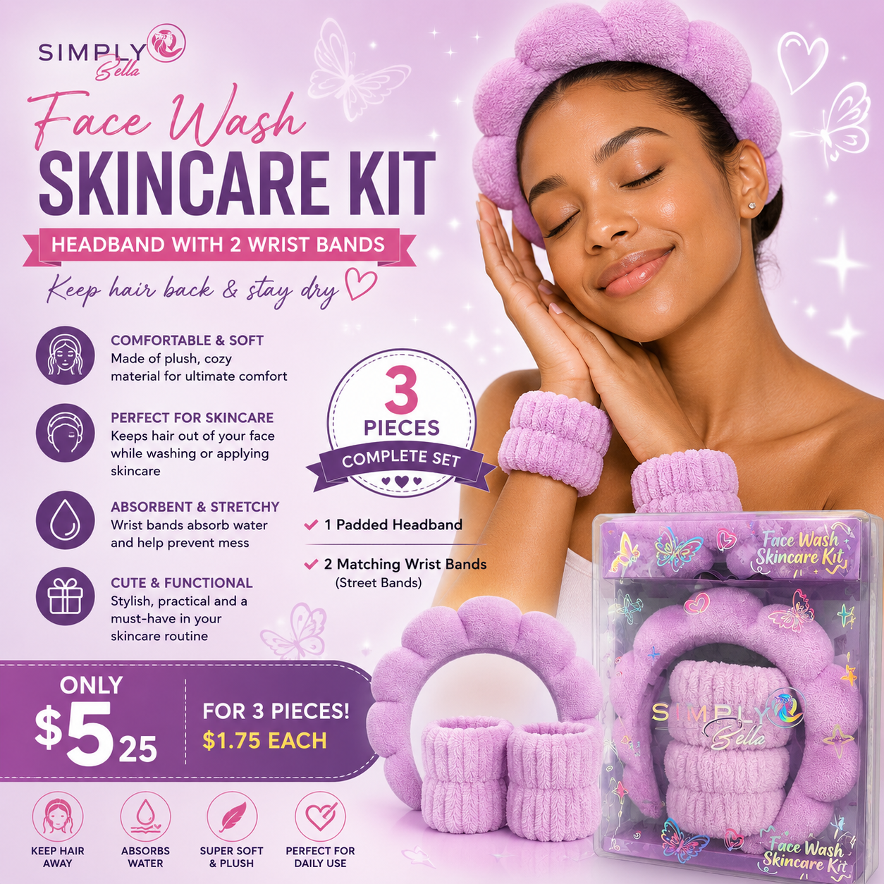 3PCS SIMPLY BELLA PURPLE SPA HEADBAND + 2 WRISTBANDS STB010