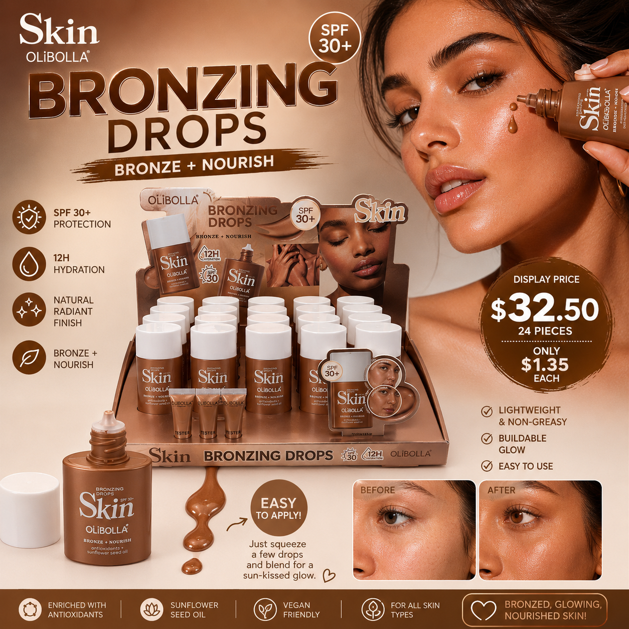 24PCS DISPLAY OLIBOLLA BRONZING DROPS SPF30+ LA-F360