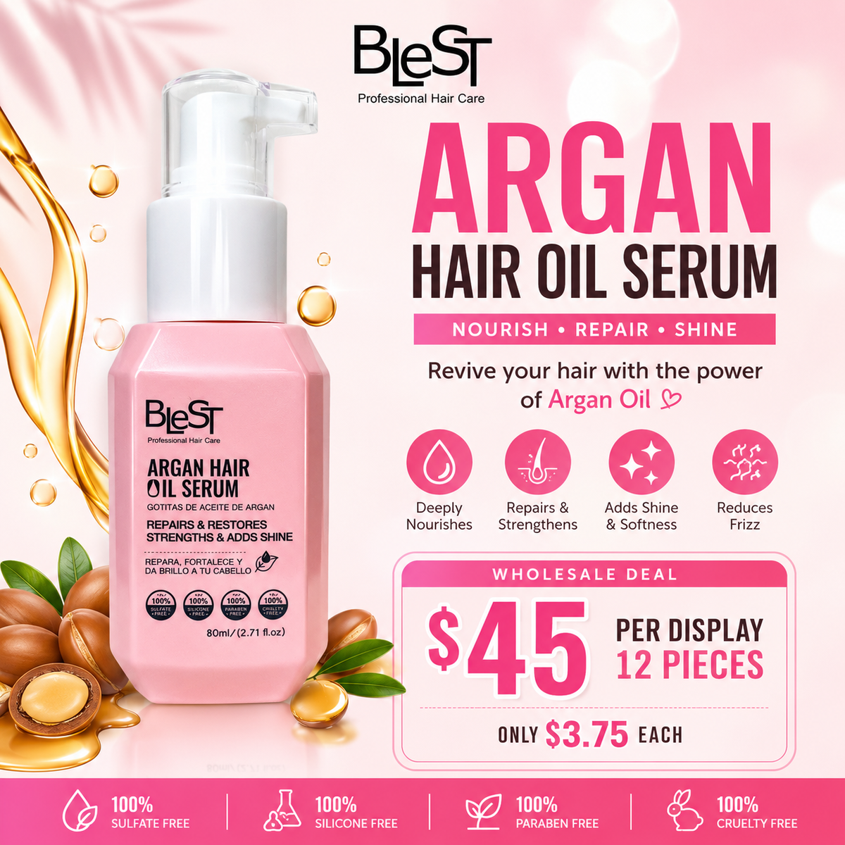 12PCS DISPLAY BLEST ARGAN HAIR OIL SERUM HSO-29