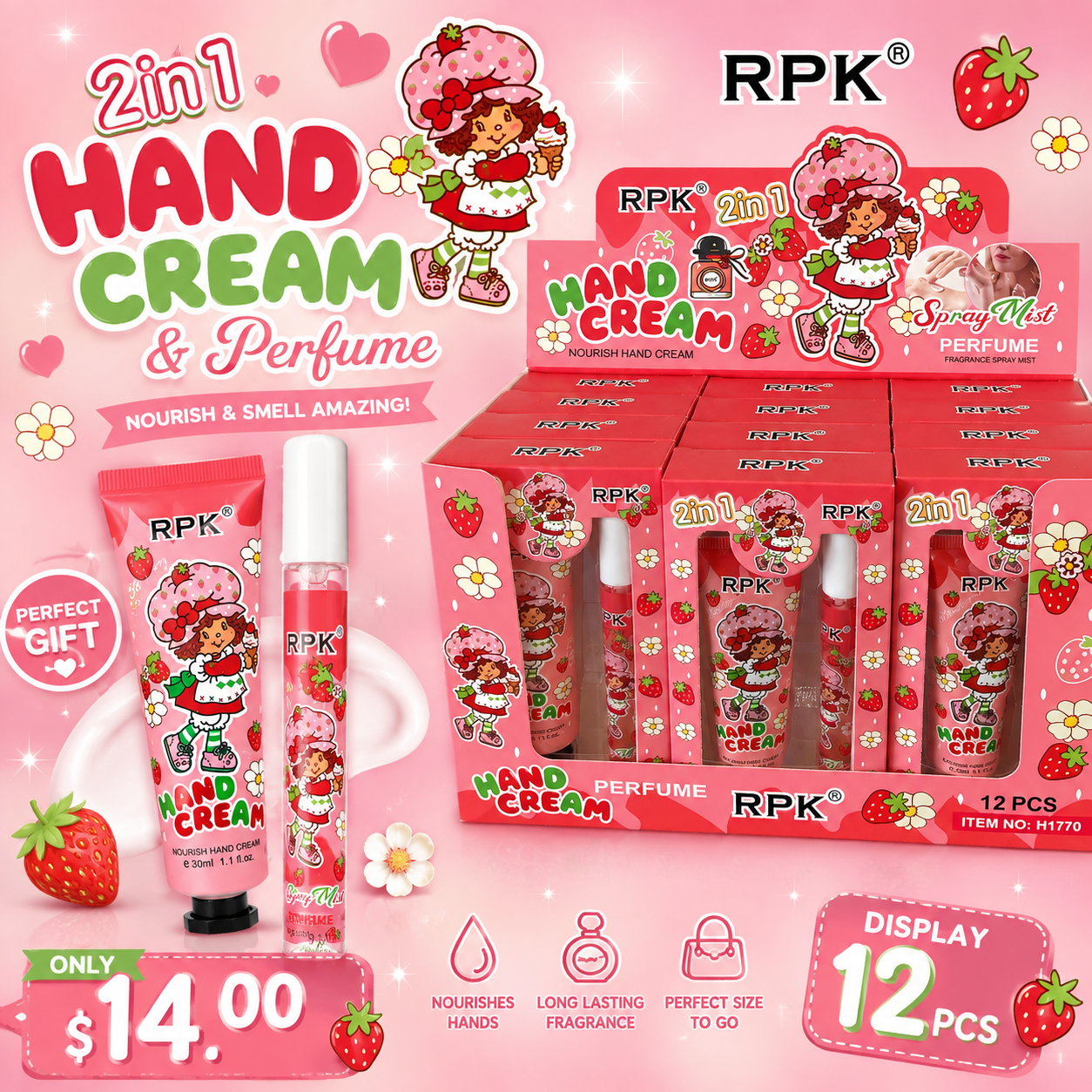 12PCS DISPLAY RPK 2 IN 1 HAND CREAM & PERFUME STRAWBERRY GIRL H1770