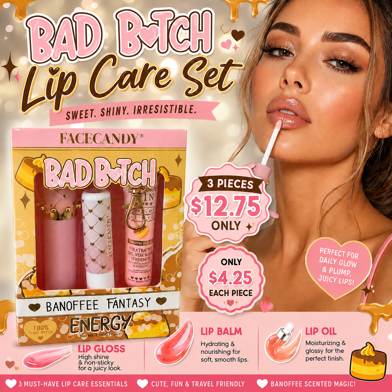 3PCS SET INSPO FACECANDY LIP CARE SET BAD B💗TCH BANOFFEE FANTASY B-003