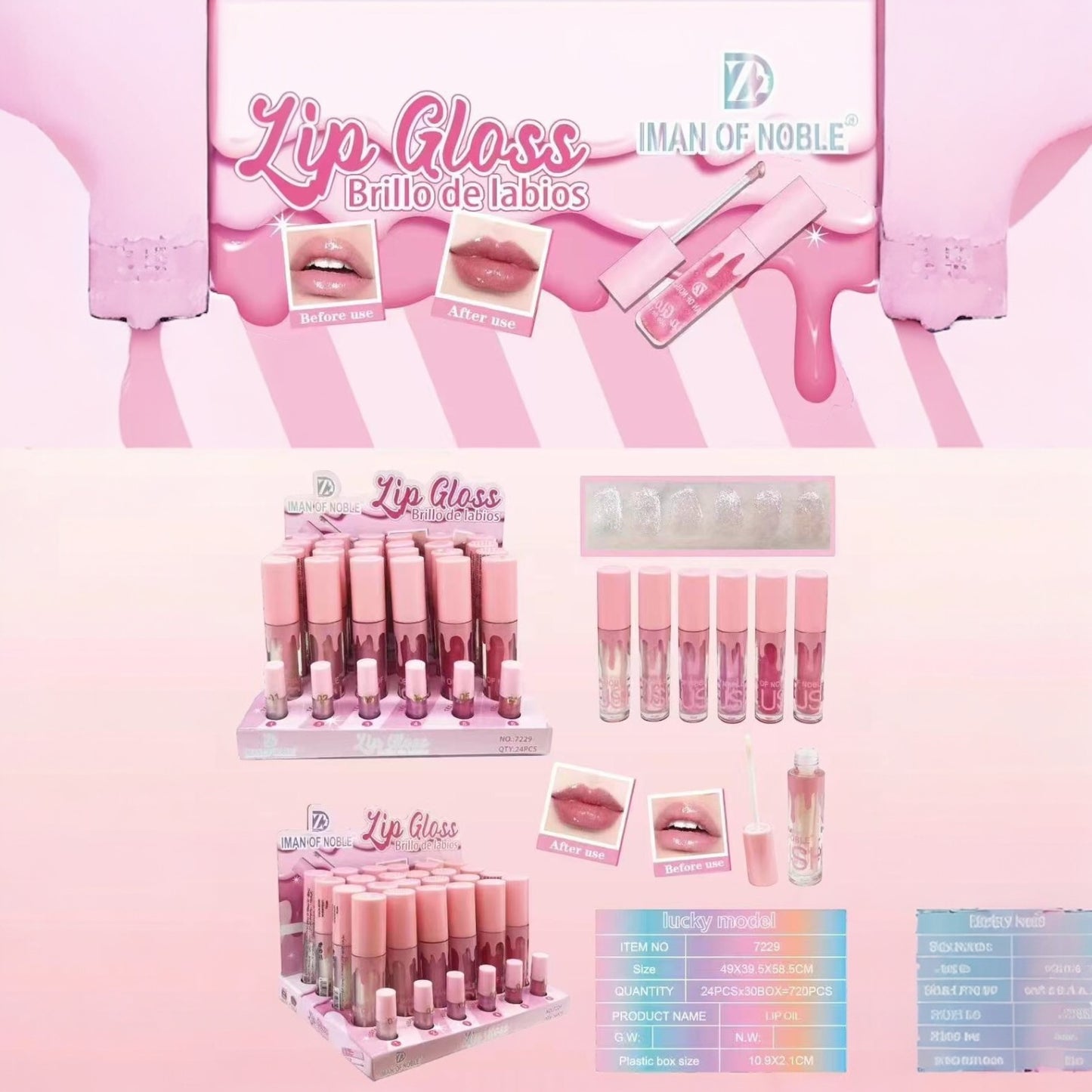 24PCS DISPLAY IMAN OF NOBLE LIP GLOSS BRILLO DE LABIOS 7229