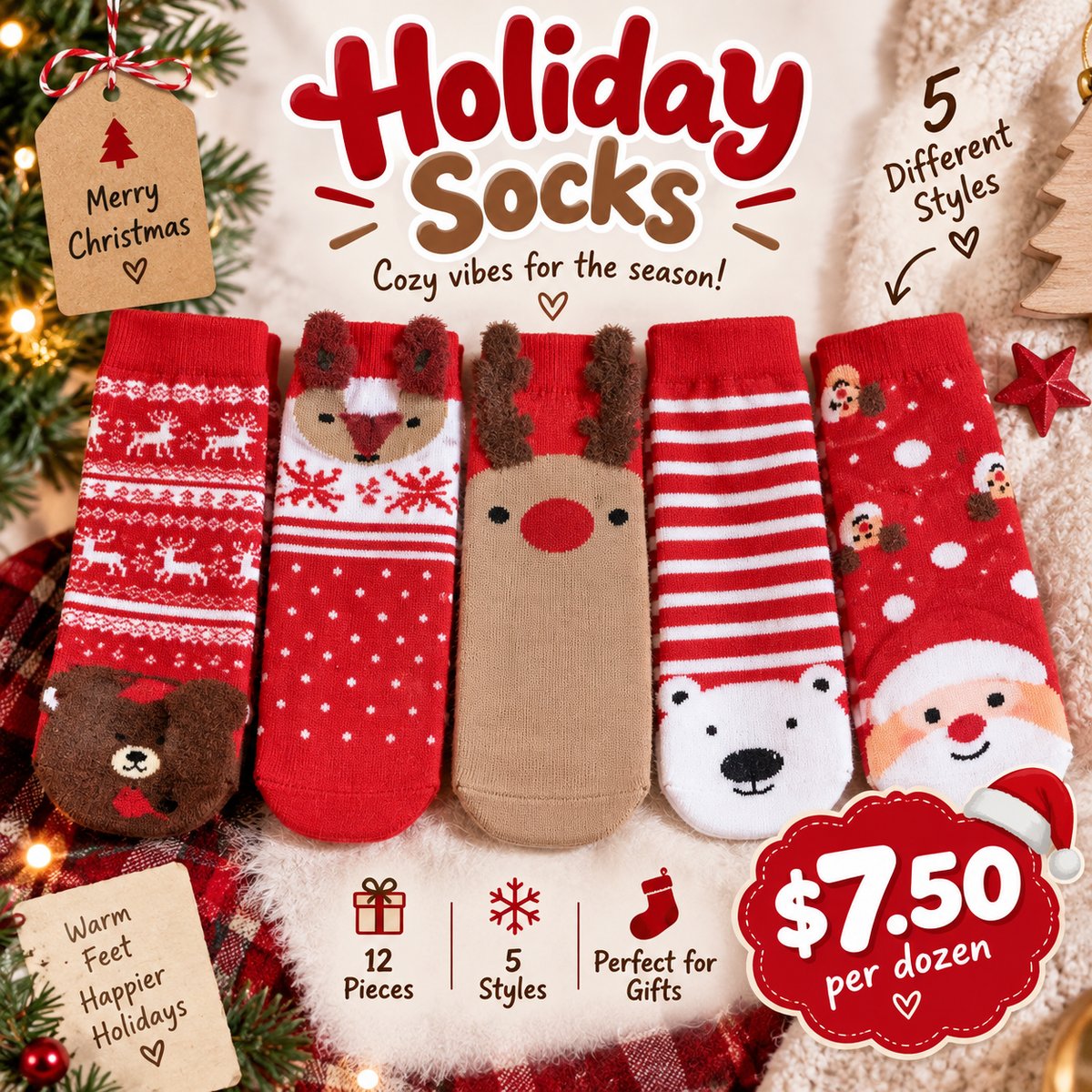 12PCS PACK RED CHRISTMAS SOCKS F260744