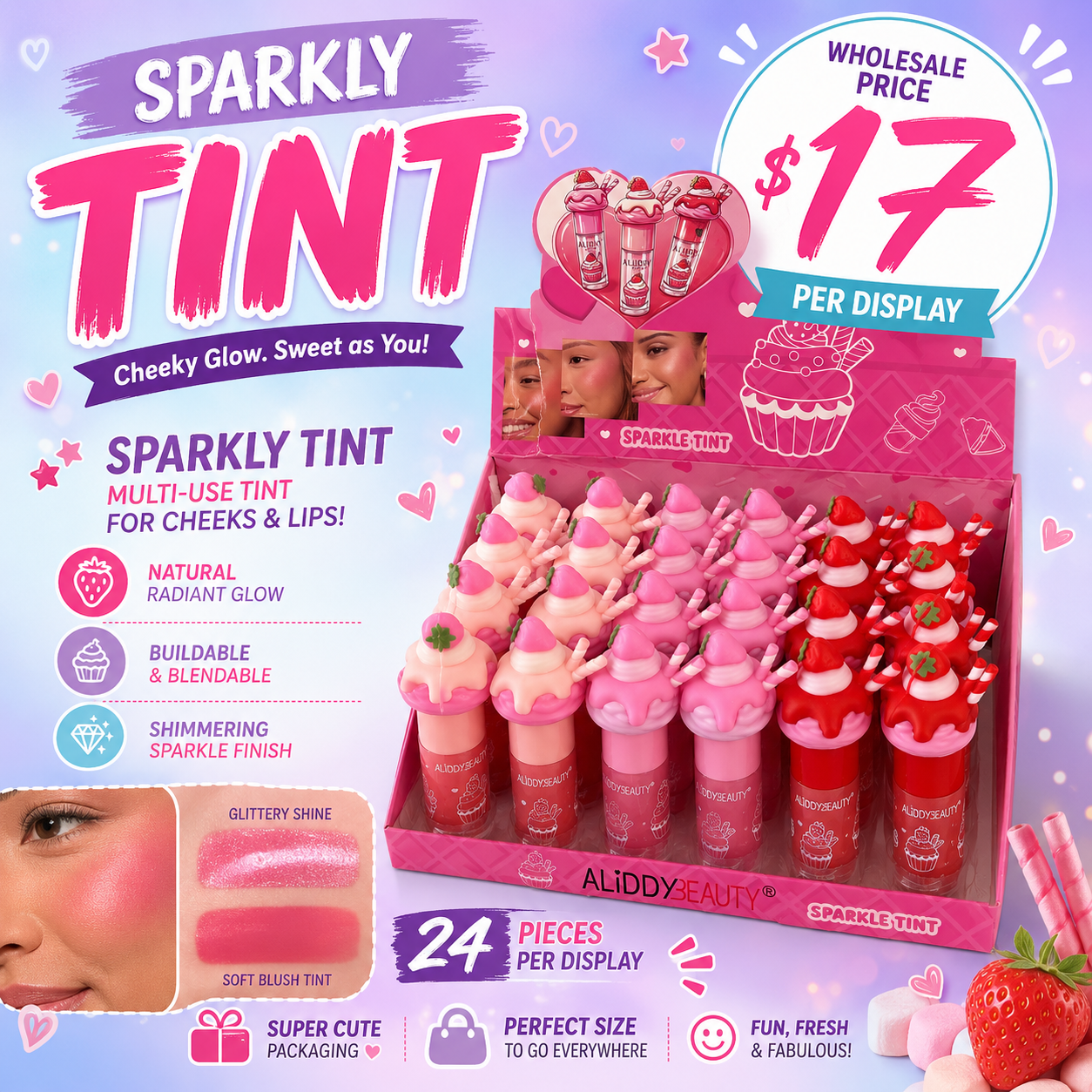 24PCS DISPLAY ALIDDY-BEAUTY STRAWBERRY SPARKLE TINT A9082I