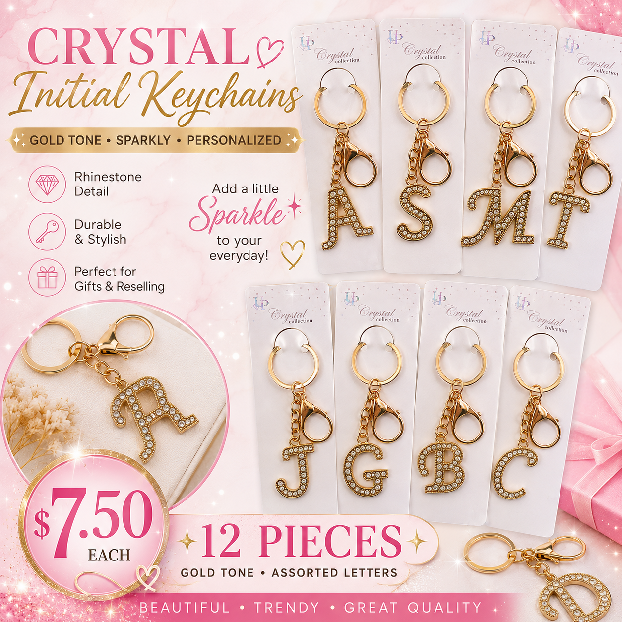 12PCS PACK KEYCHAIN INITIALS GOLD KBC-0710GC