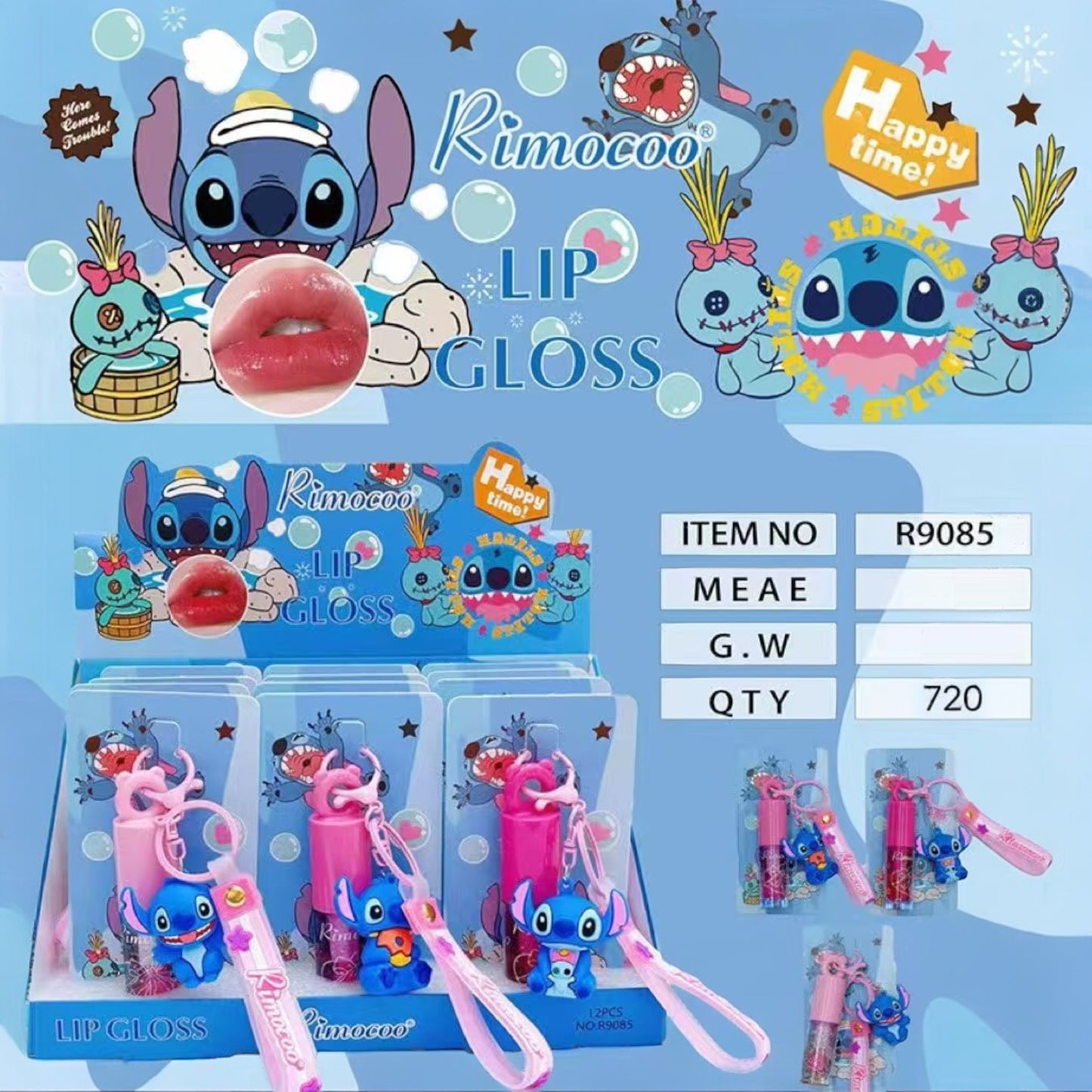12PCS DISPLAY RIMOCOO BLUE ST LIP GLOSS WITH KEYCHAIN R9085