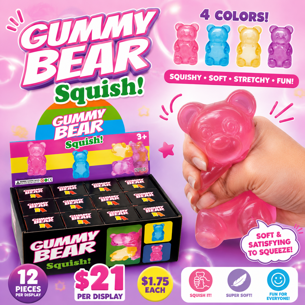 12PCS SQUEEZE GUMMY BEAR CLEAR 4 COLORS