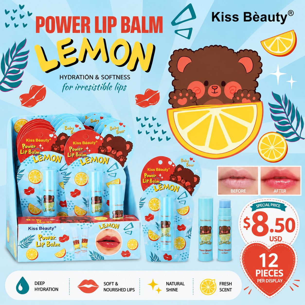 12PCS DISPLAY KISS BEAUTY LON POWER HYDRATION LIP BALM 2989-03B