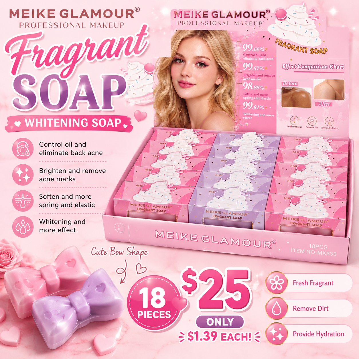 18PCS DISPLAY MEIKE GLAMOUR WHITENING FRAGRANT SOAP MK585