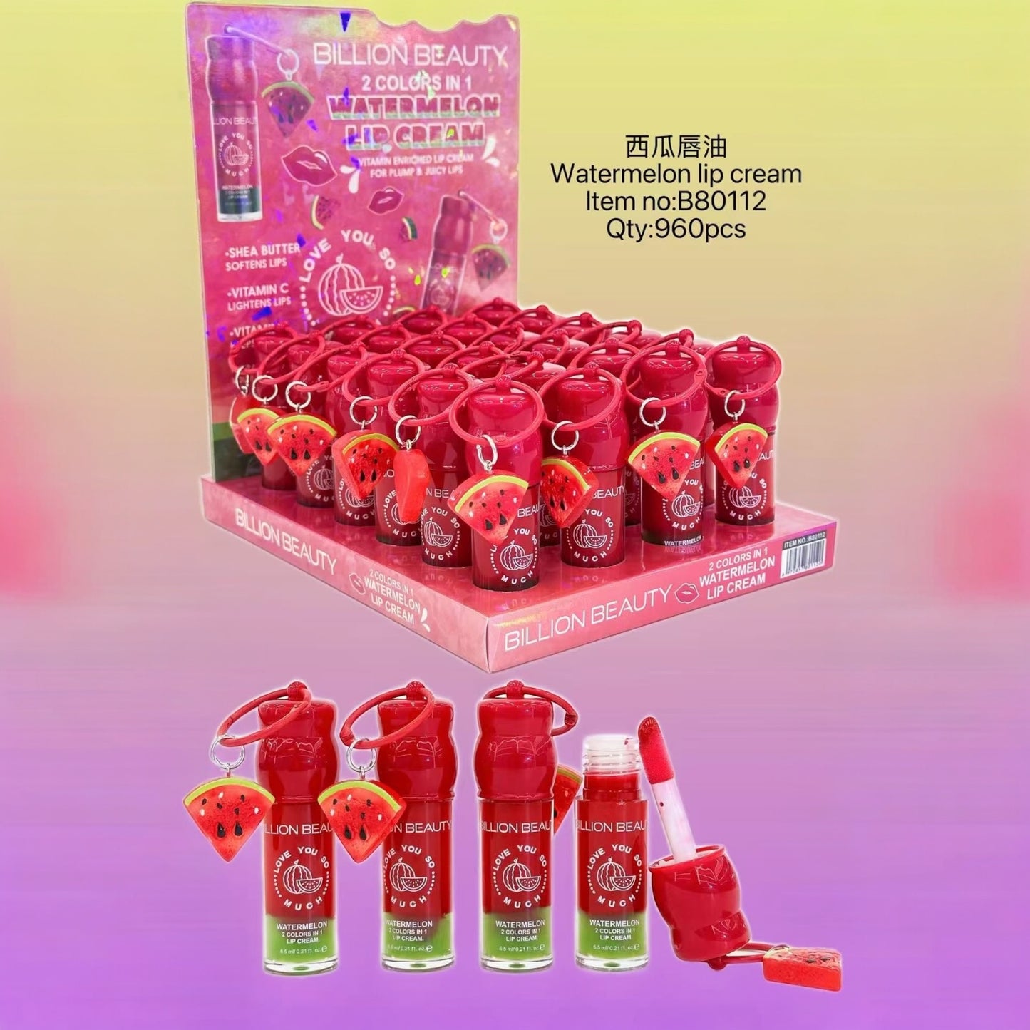 24PCS DISPLAY BILLION BEAUTY 2 COLORS WATERMELON LIP CREAM B80112