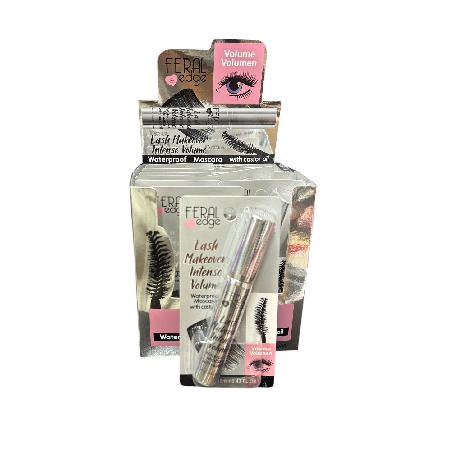 12PCS DISPLAY FERAL EDGE LASH MAKEOVER INTENSE VOLUME WATERPROOF MASCARA WITH CASTOR OIL FM-002