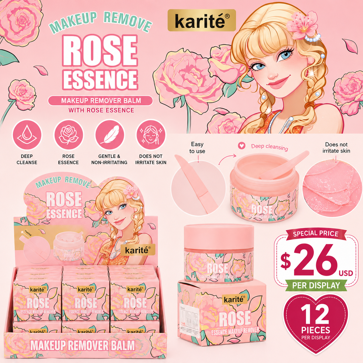 12PCS DISPLAY KARITE ROSE ESSENCE MAKEUP REMOVER 68510-47A