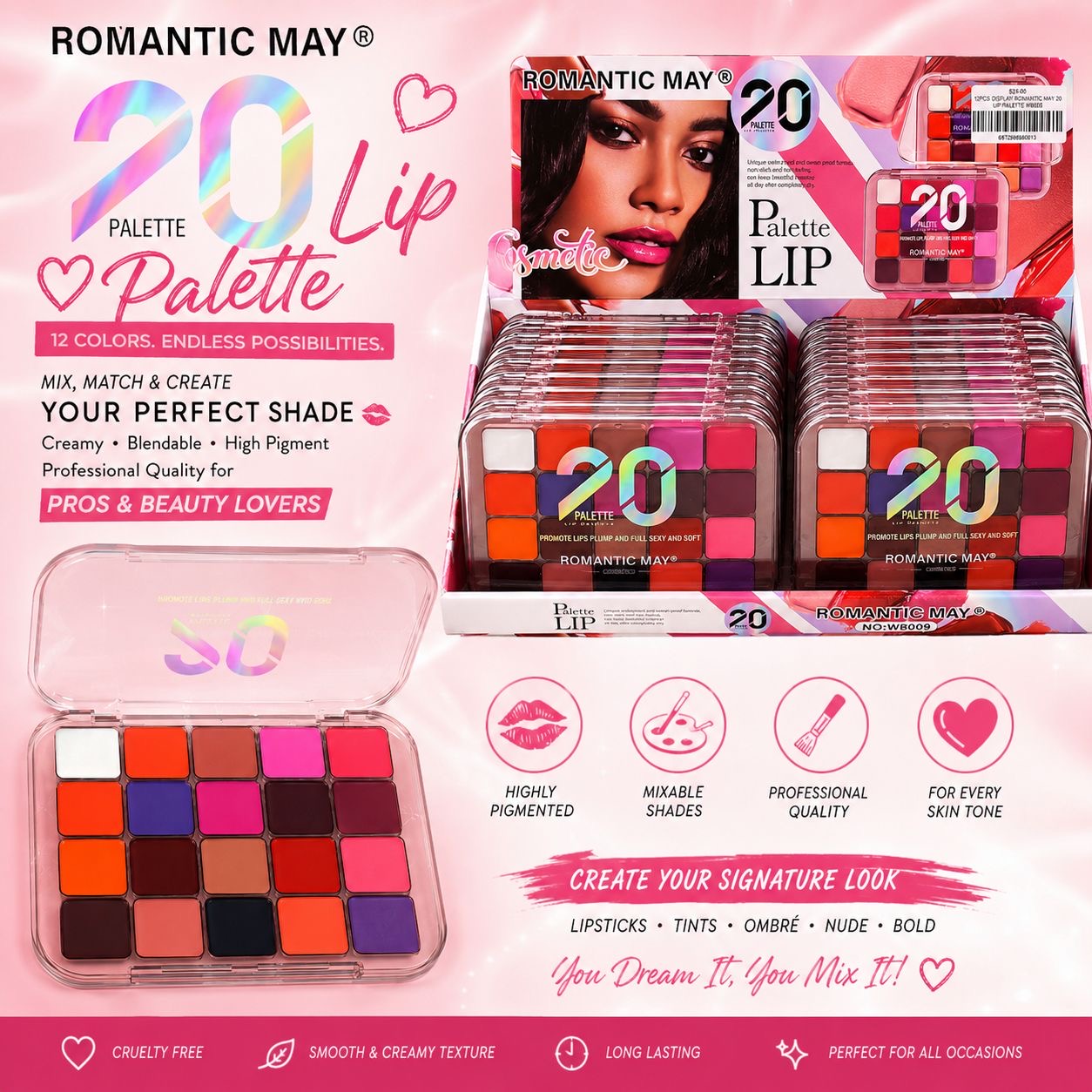 12PCS DISPLAY ROMANTIC MAY 20 LIP PALETTE W8009