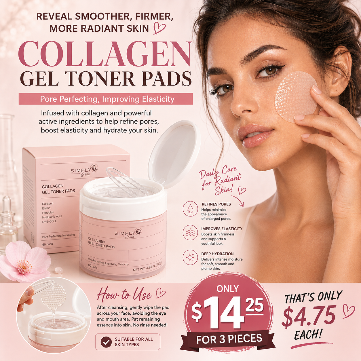 3PCS SIMPLY BELLA COLLAGEN GEL TONER PADS SIB1059