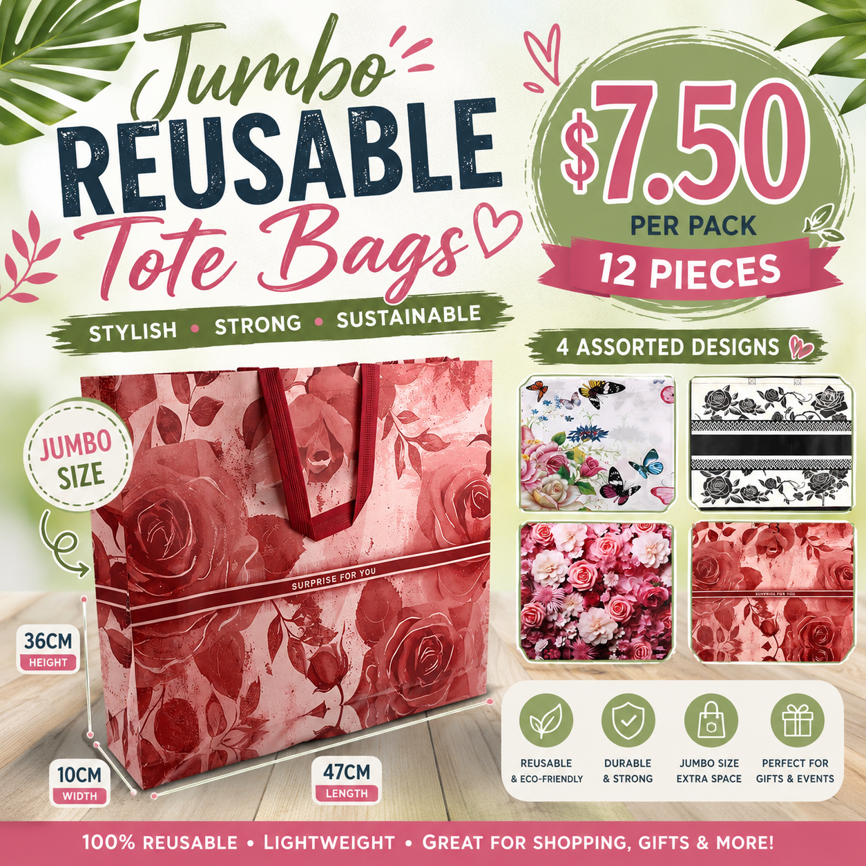12PCS PACK REUSABLE BAGS BEAUTIFUL FLOWERS