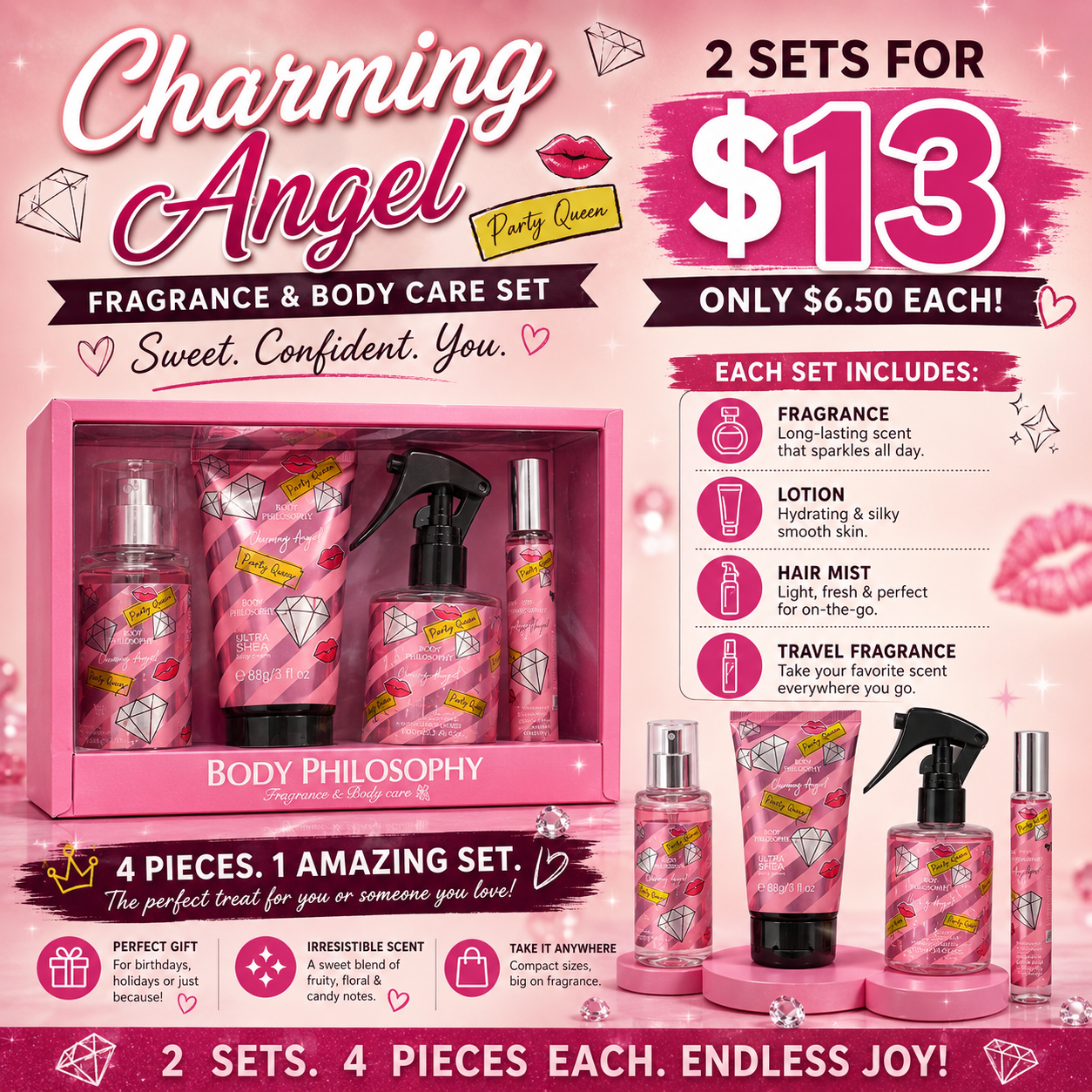 2PCS SET PAMPER ME FRAGANCE PARTY QUEEN 4PCS PINK-01