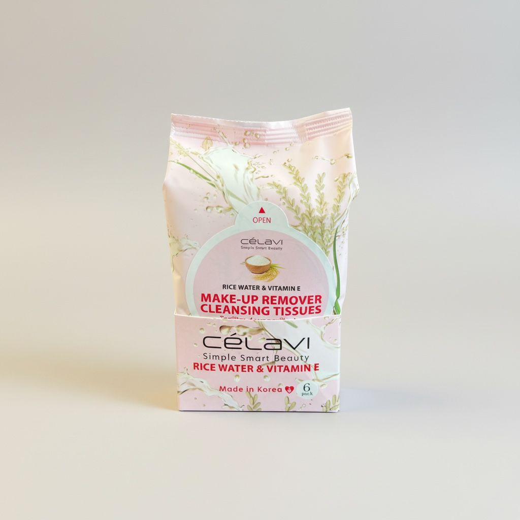 6PCS DISPLAY CELAVI RICE WATER & VITAMIN E MAKE UP REMOVER CLEANSING TISSUES MT029