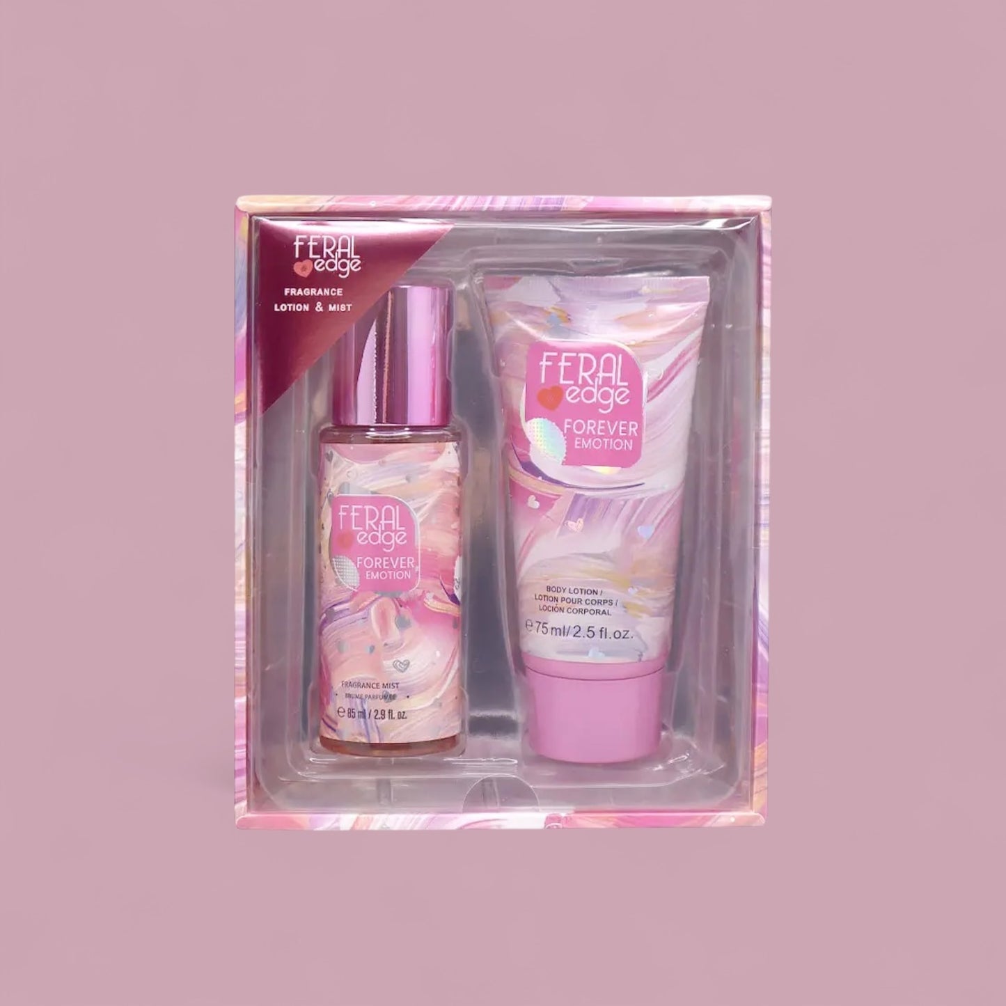 2 PCS PINK FERAL EDGE FRAGRANCE LOTION & MIST FOREVER EMOTION FEF-003S