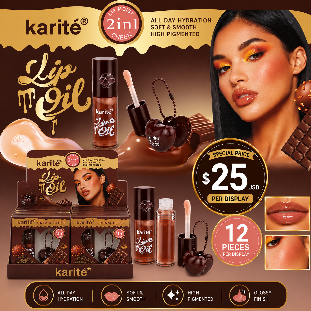 12PCS DISPLAY KARITE CHOCOLATE SCENTED LIPGLOSS +KEYCHAIN 71917-47A