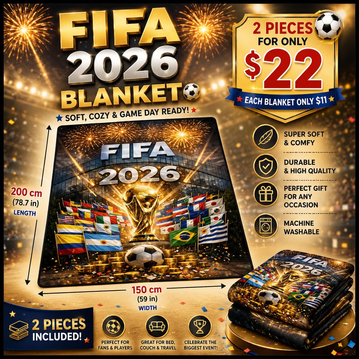 2PCS UNITED FIFA FLAGS 2026 BLANKET