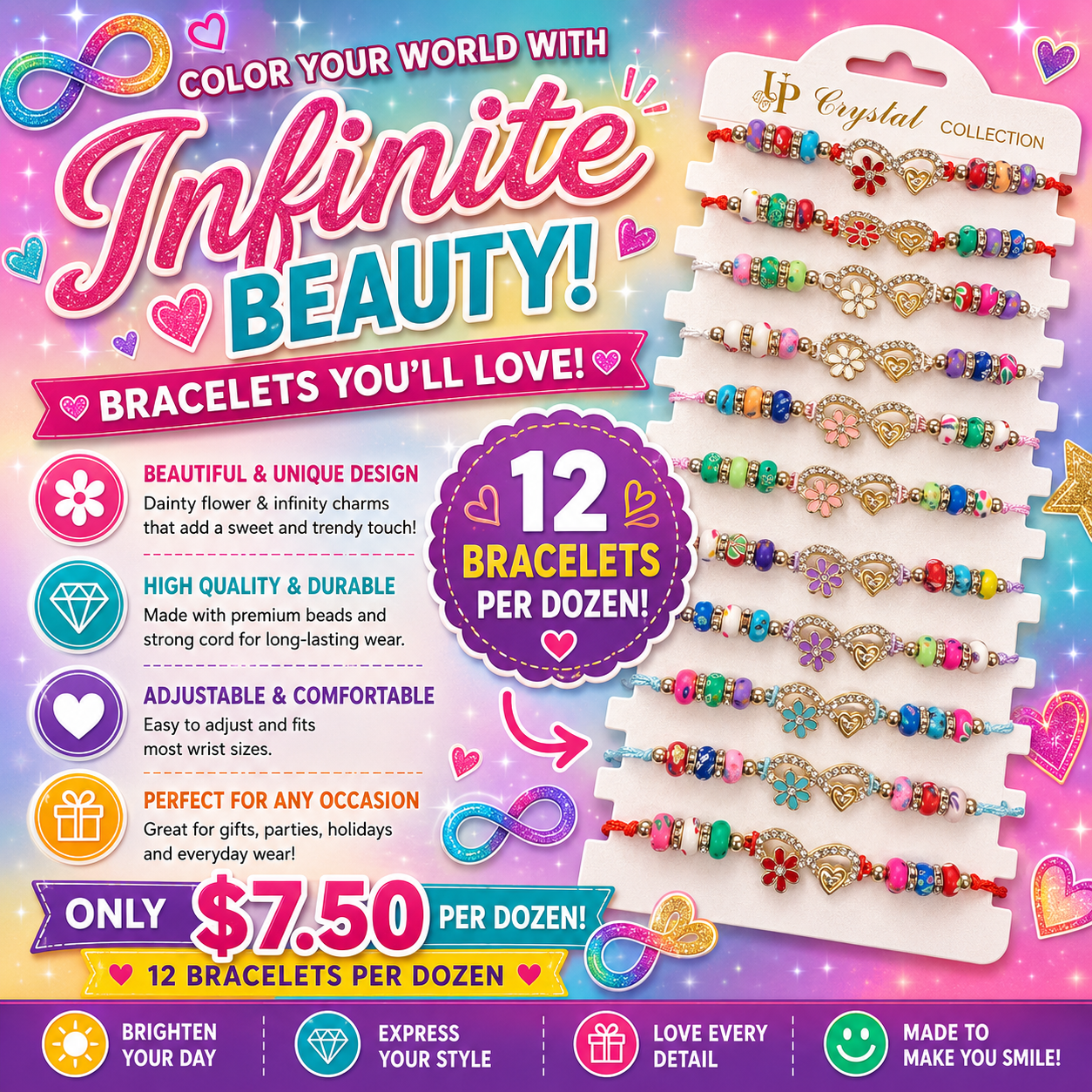 12PCS PACK FLOWERS & HEART COQUETTE STRING BRACELET YBT-5533