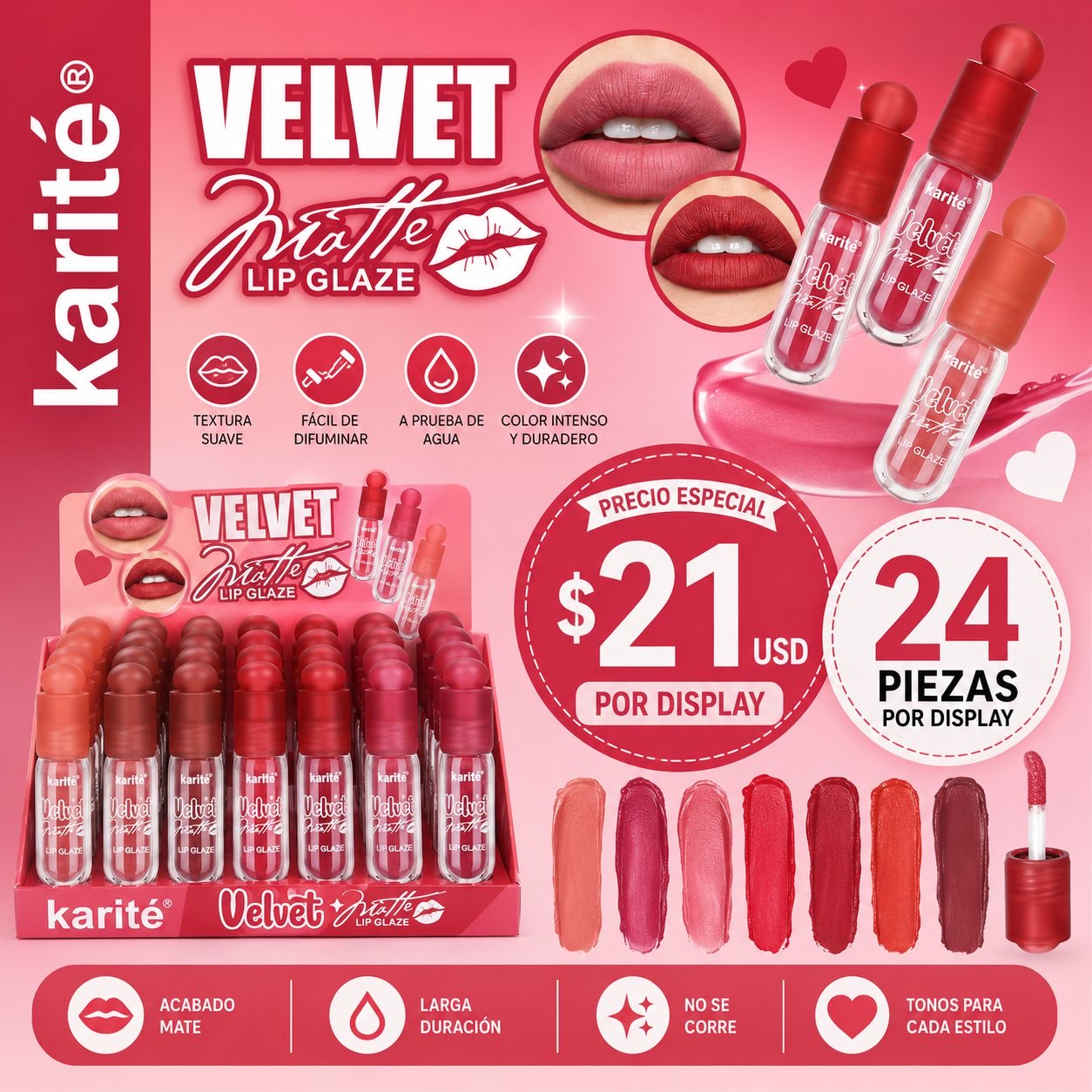 24PCS DISPLAY KARITE VELVET MATTE LIP GLAZE 71027-47