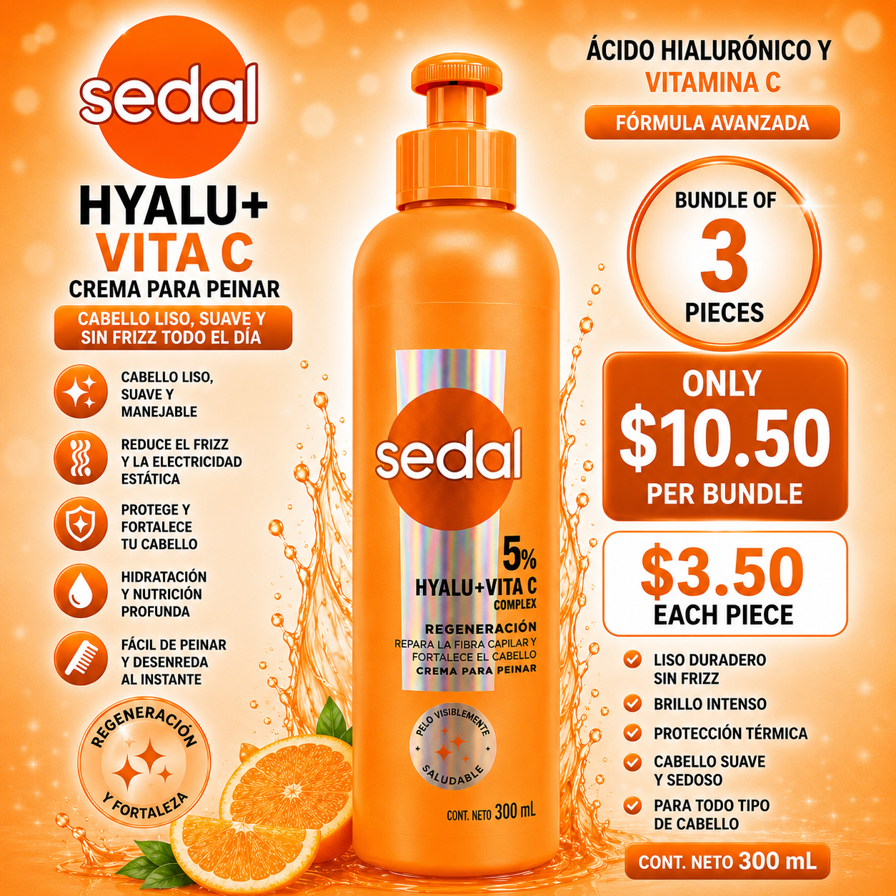 3PCS SEDAL ÁCIDO HIALURONICO + VITAMINA C CREMA PARA PEINAR 4100