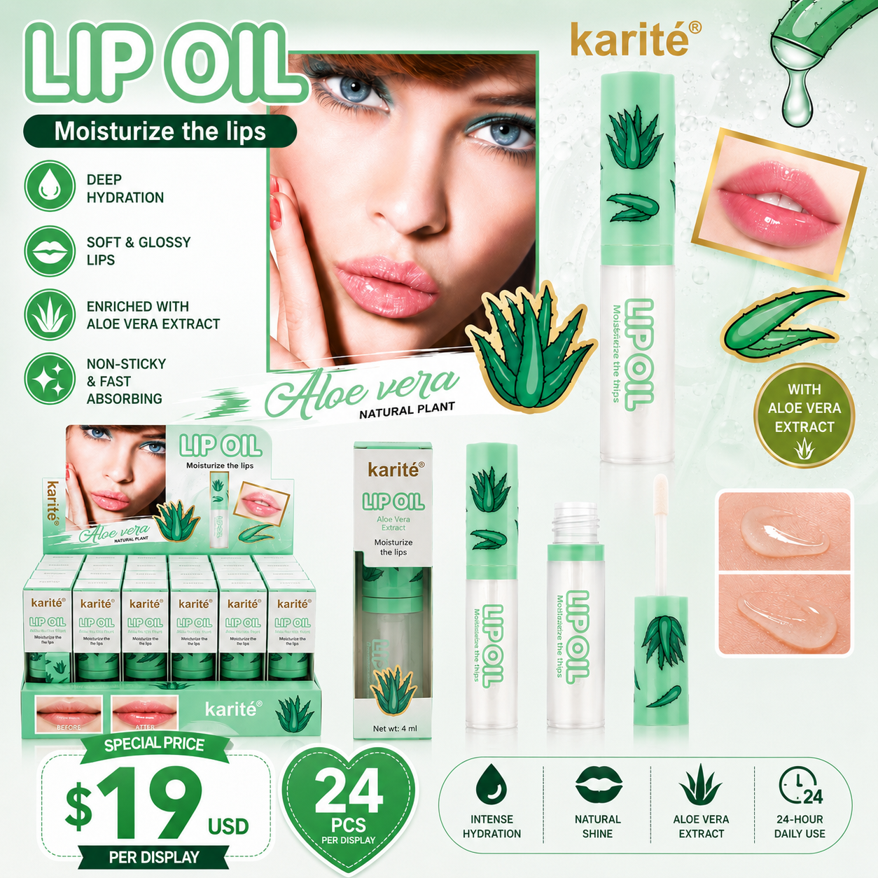 24PCS DISPLAY KARITE ALOE VERA LIP OIL MOISTURIZER 70450-47C