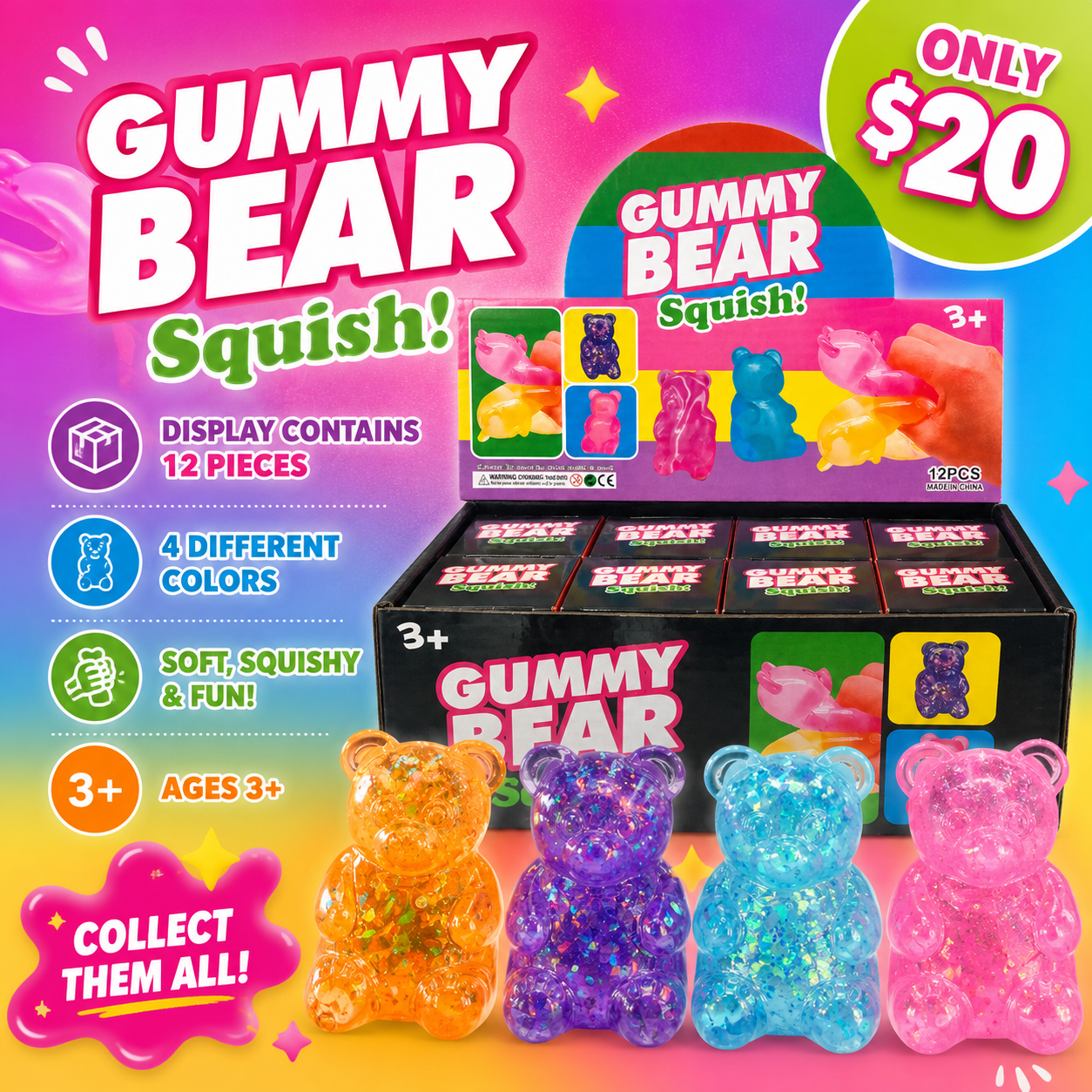 12PCS DISPLAY COLORED GLITTERY BEAR SQUISHY